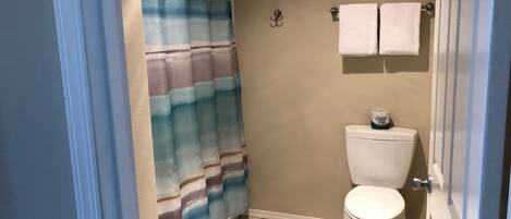 A bathroom with a striped shower curtain, a toilet, a patterned rug, and two towels hanging on the wall.