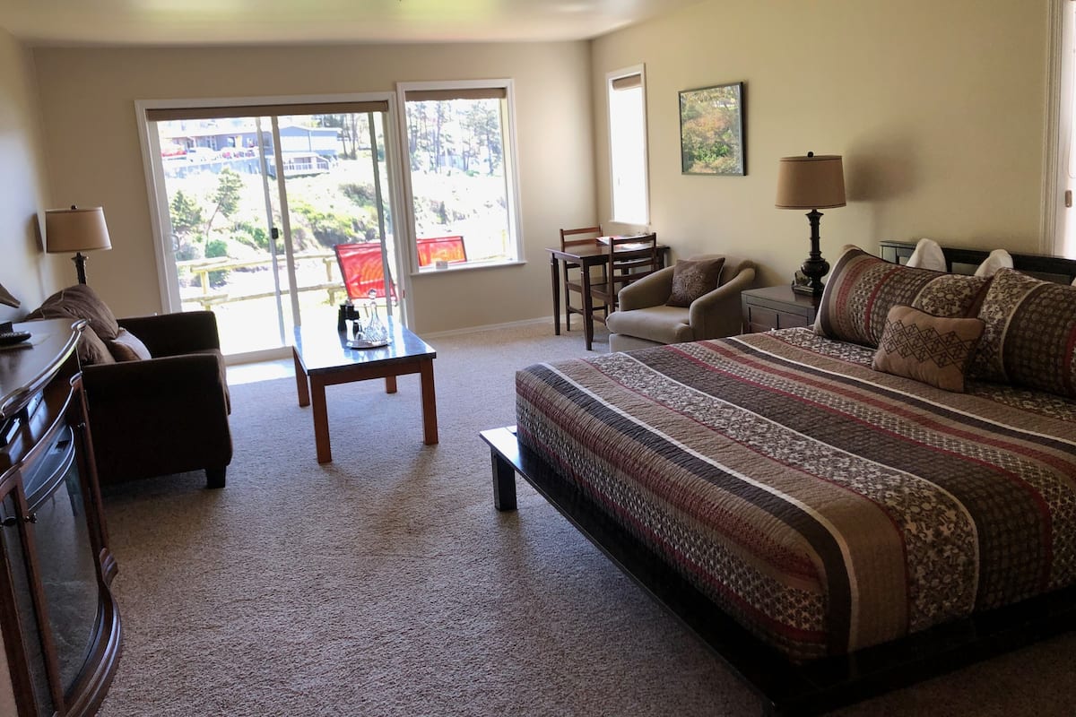 A spacious bedroom with a large bed, a desk, a chair, and a sofa. There are two windows providing natural light and a view of the outdoors.
