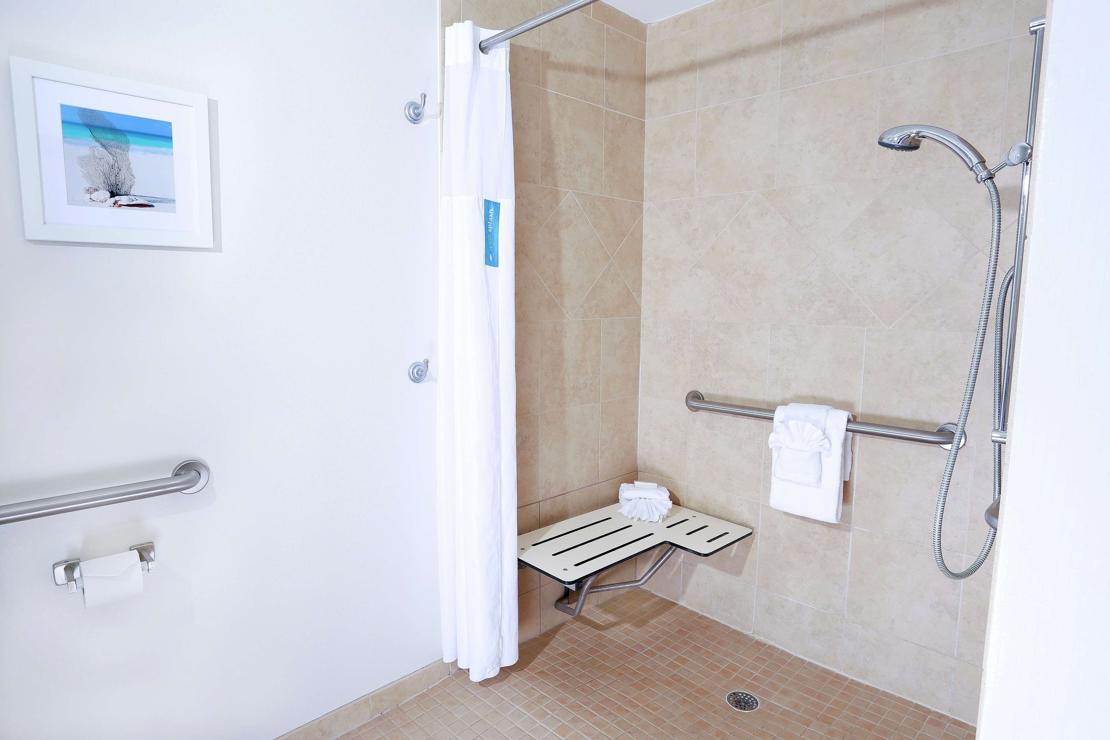 A shower area with a grab bar, a towel rack, and a picture on the wall.