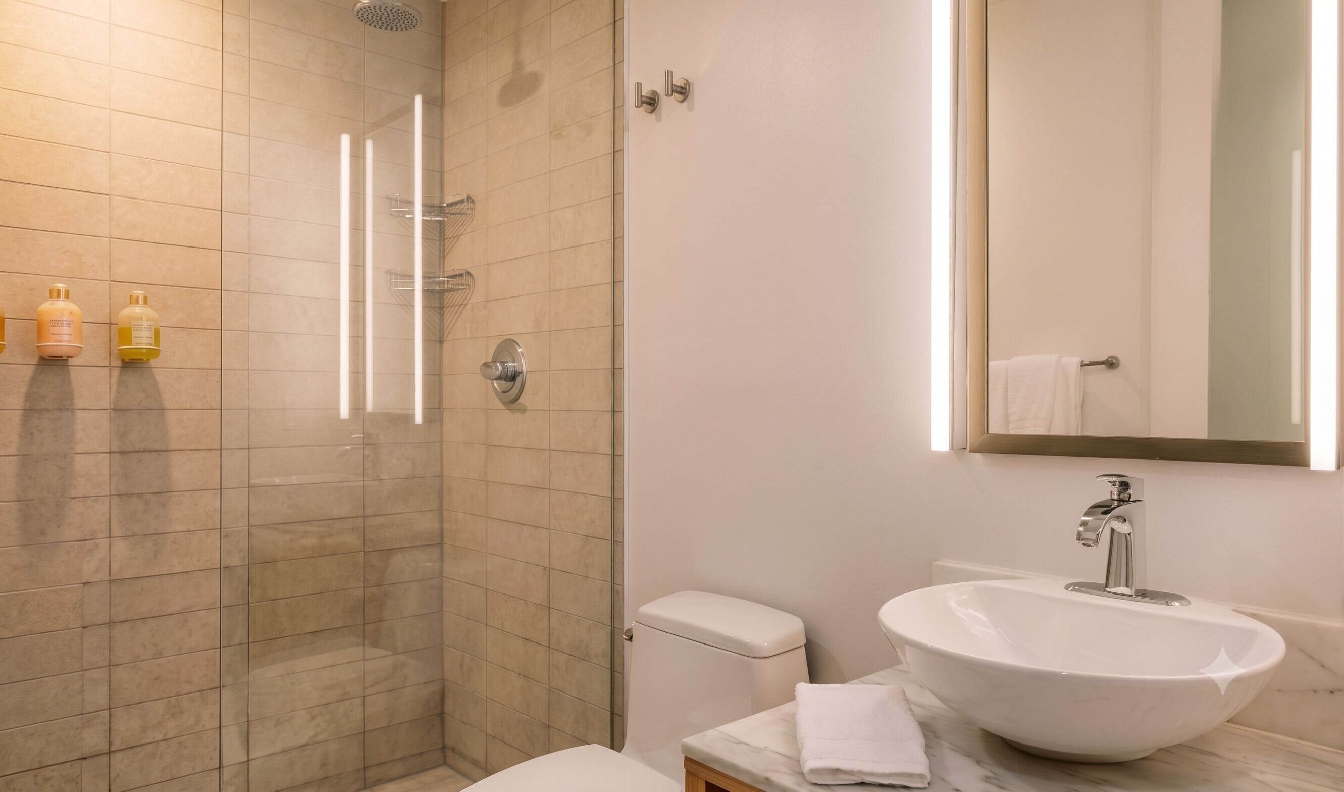 A modern bathroom with a glass-enclosed shower, a white toilet, a marble sink, and a large mirror.