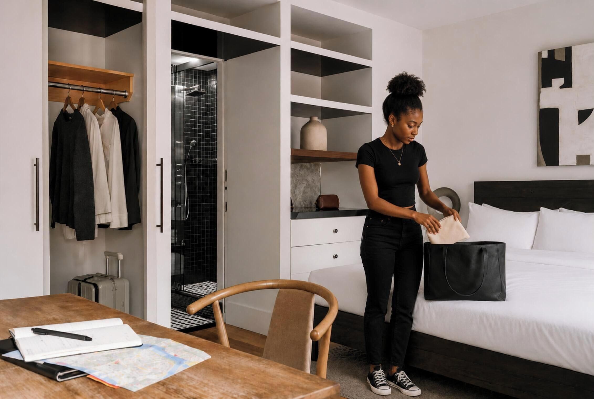 A hotel room with a bed, a desk with a map and notebook, a wardrobe with clothes, and a bathroom with a shower.