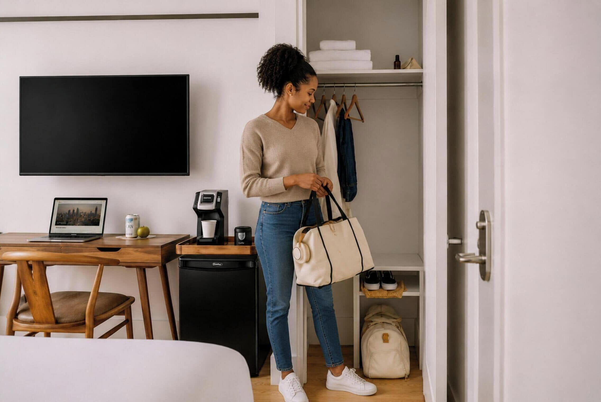 A hotel room with a bed, a desk with a laptop, a coffee machine, and a TV.