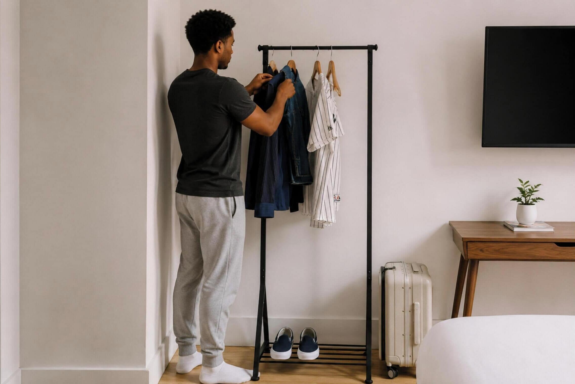 A person organizing clothes on a rack in a room with a bed, a desk, and a suitcase.