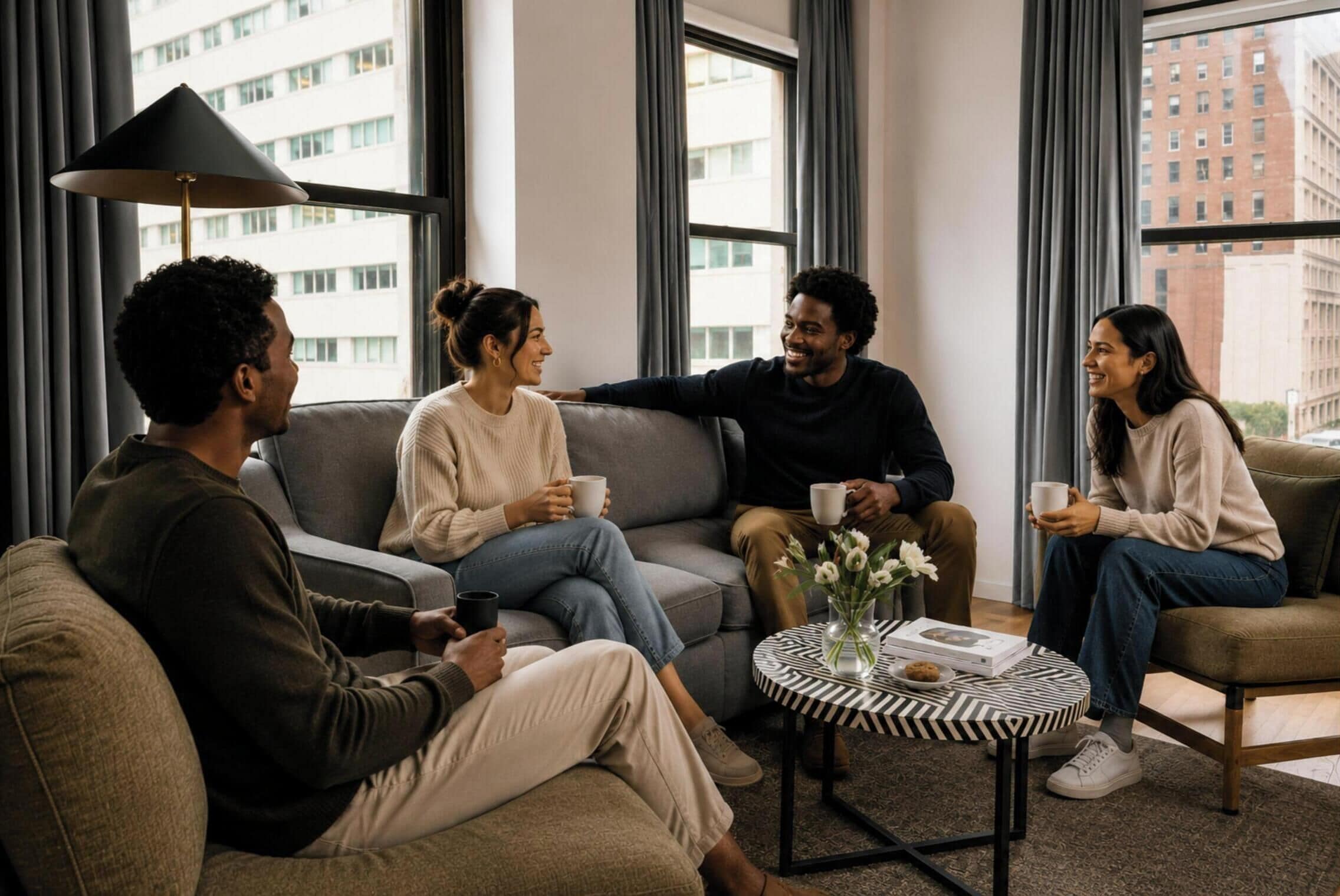 Un grupo de personas sentadas en un sofá y sillas en una habitación con ventanas amplias, una lámpara y una pequeña mesa con un libro y flores.