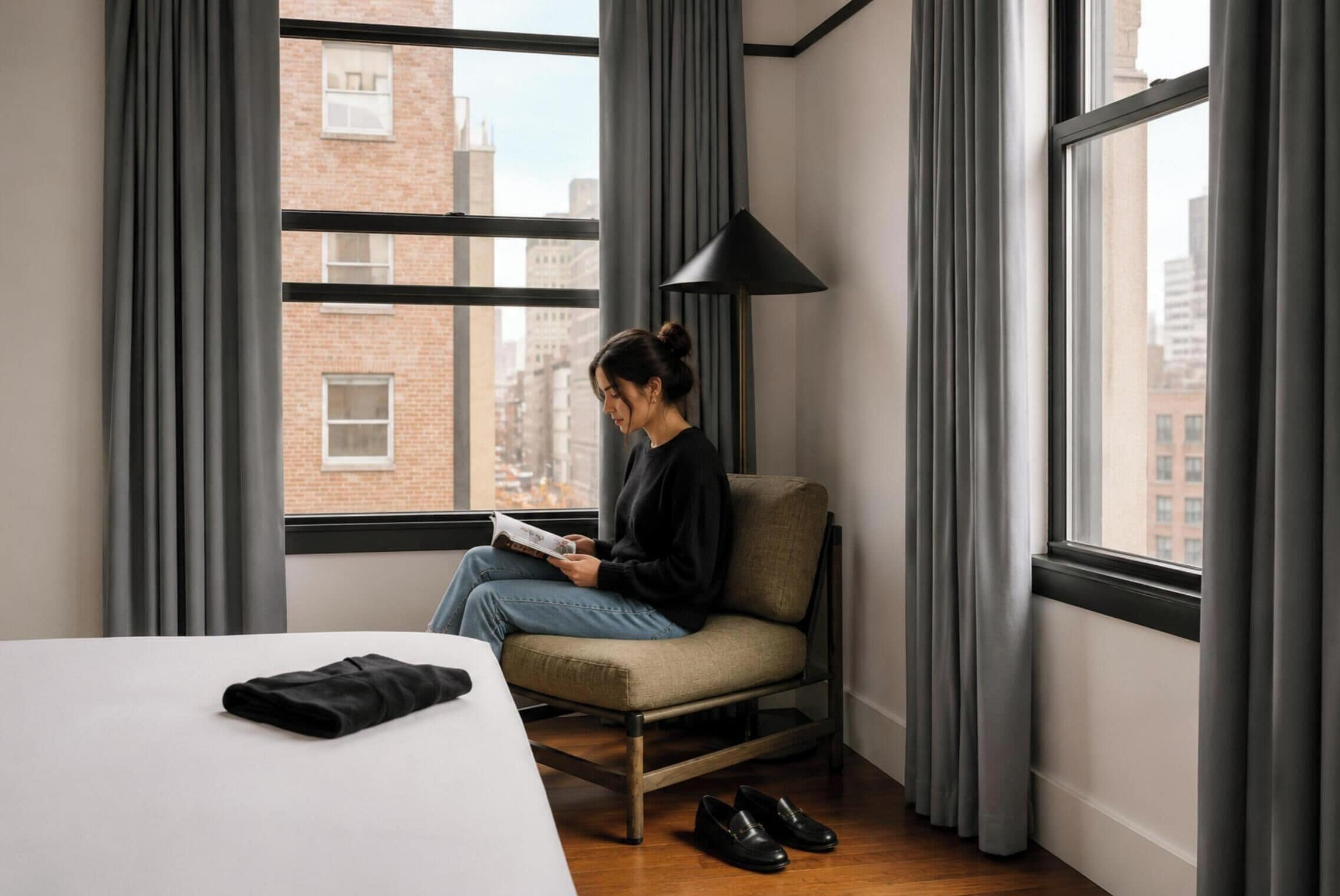 Een kamer met een bed, een stoel, een lamp en uitzicht op een stadsgezicht door grote ramen.