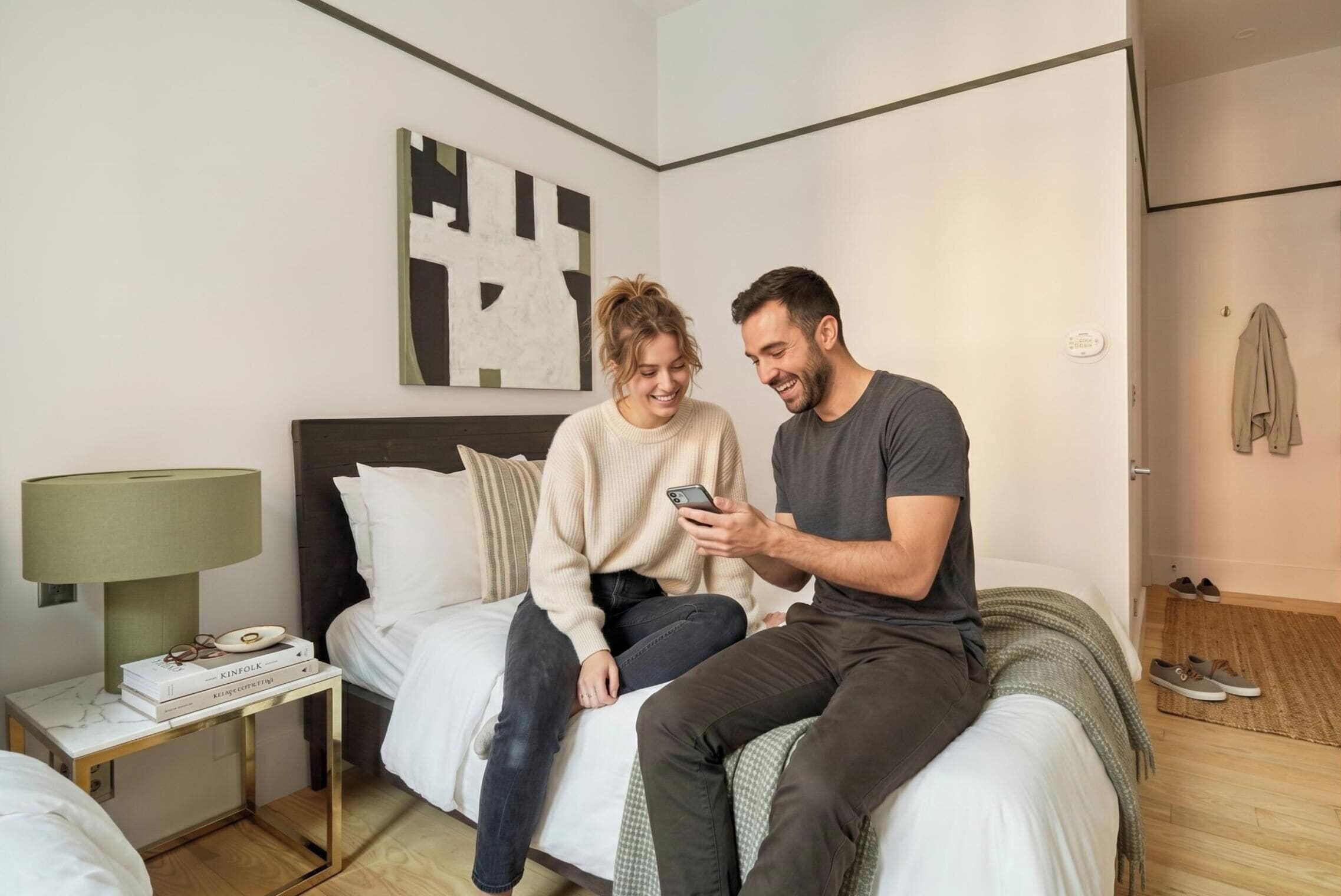 Une chambre à coucher avec un lit, une table de chevet avec une lampe, un tableau décoratif au mur et une porte sur laquelle est accroché un manteau.