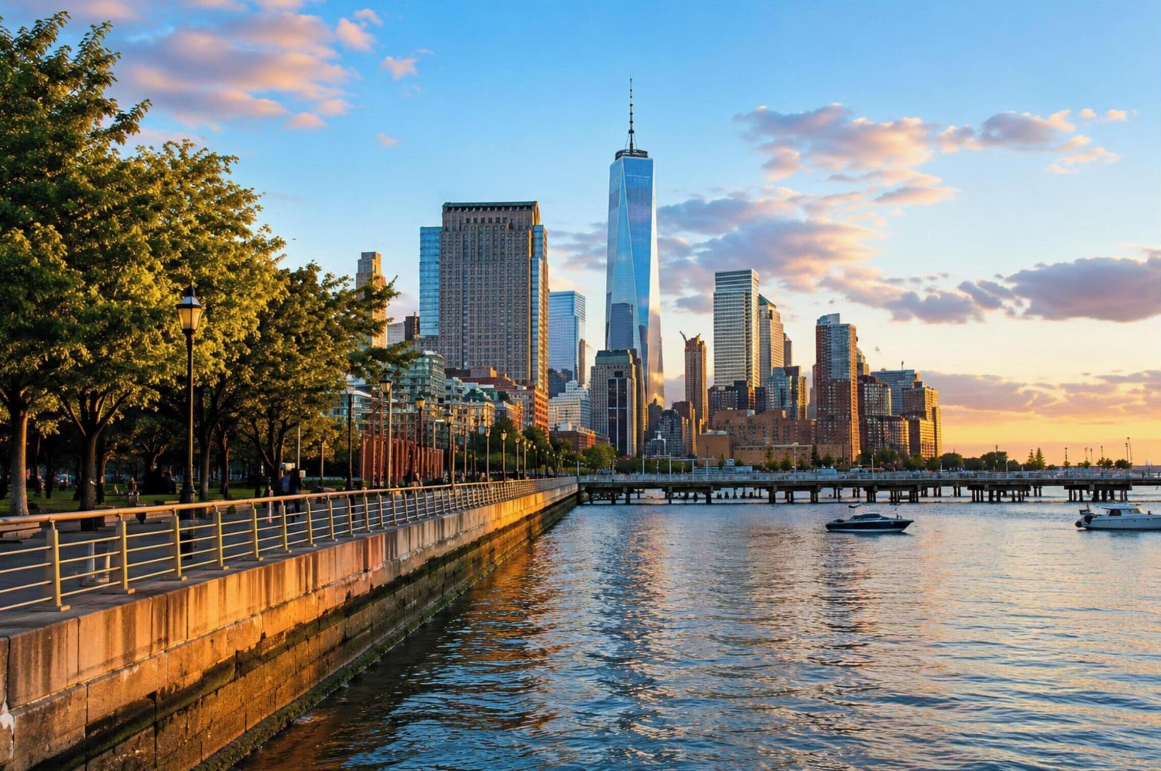 Un paisaje urbano frente al agua con un rascacielos destacado, un puente y un río tranquilo.