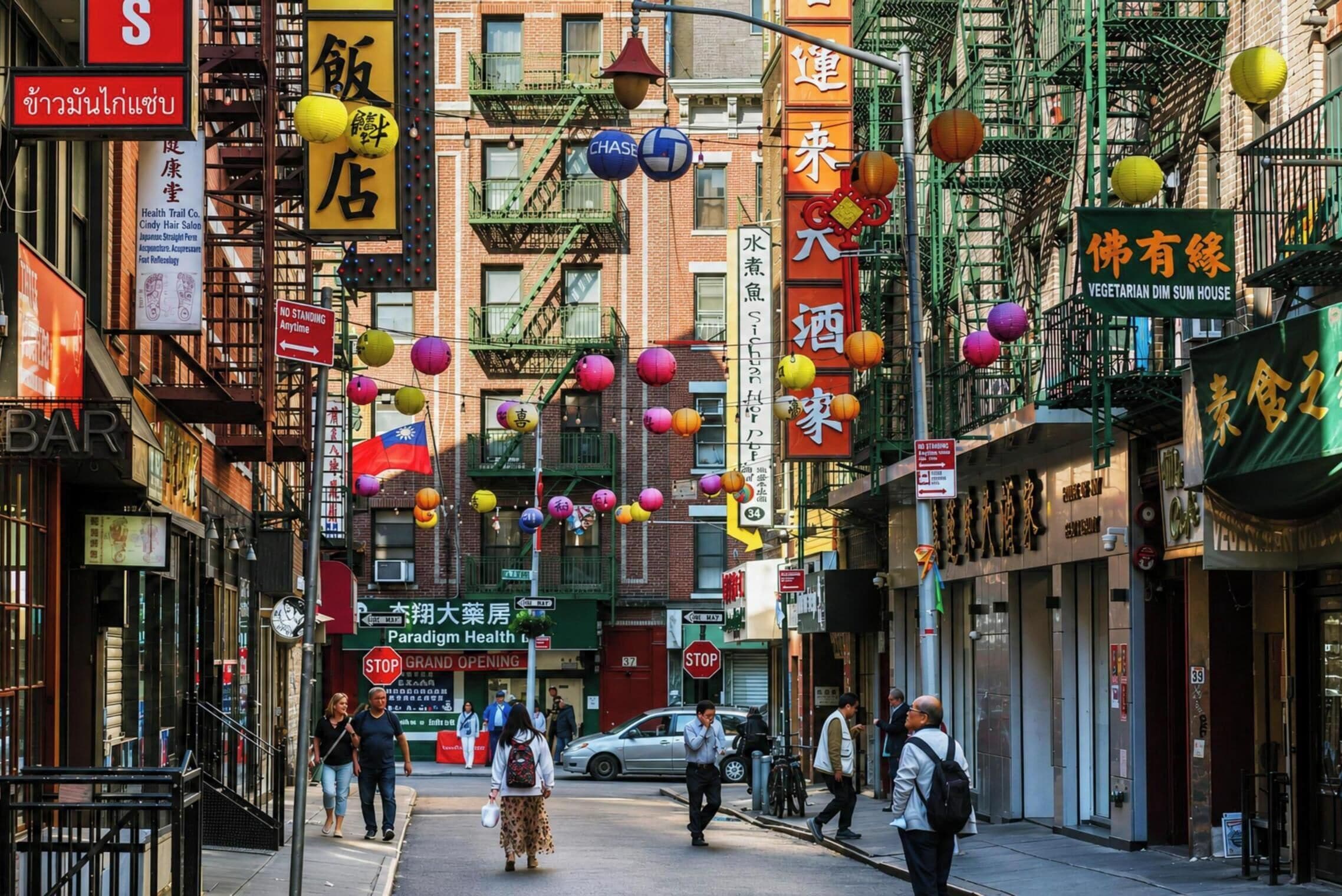 A street with various shops and signs, including a health center and a vegetarian restaurant.