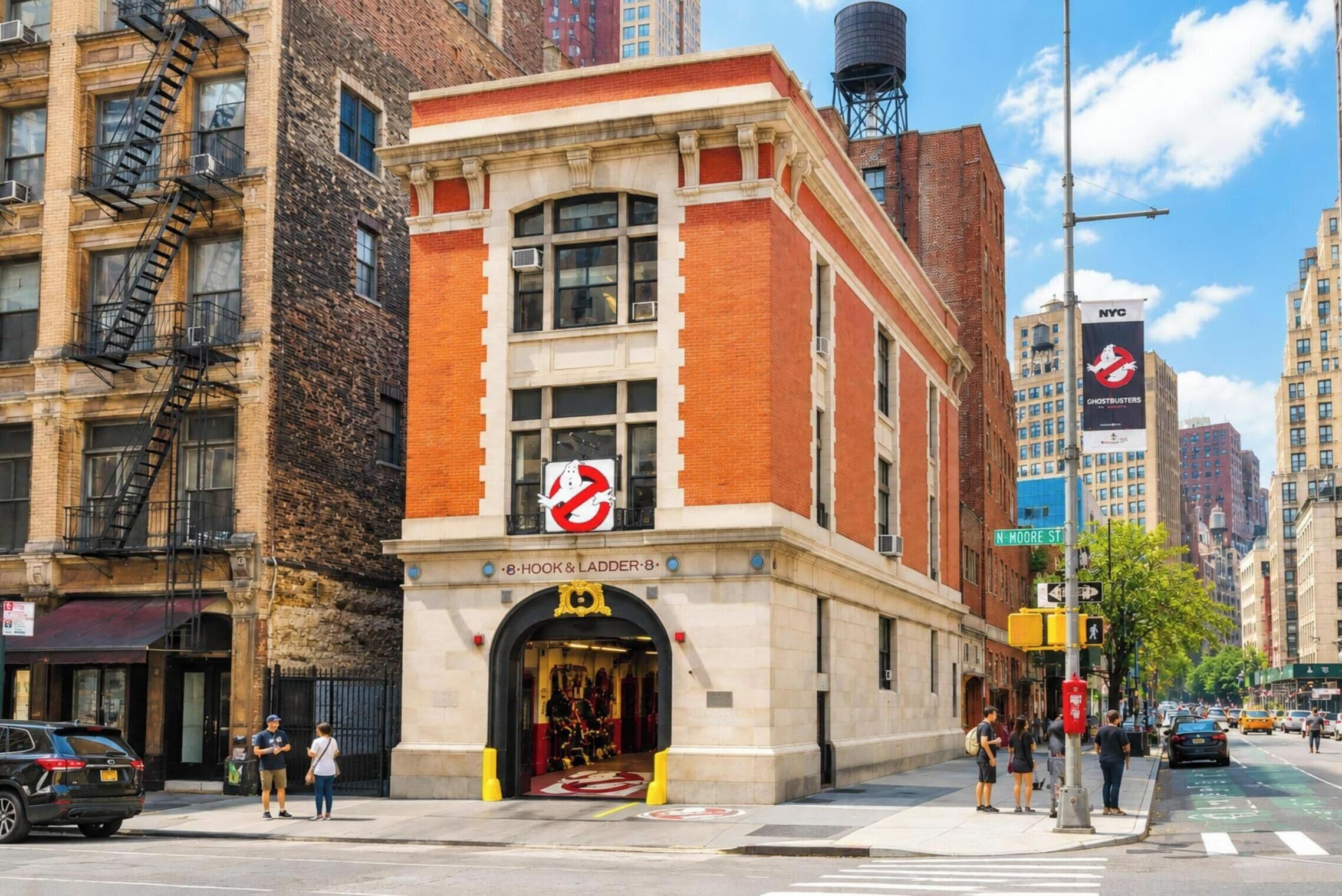 A building with a large red and white sign, a fire escape, and a street view with cars and pedestrians.