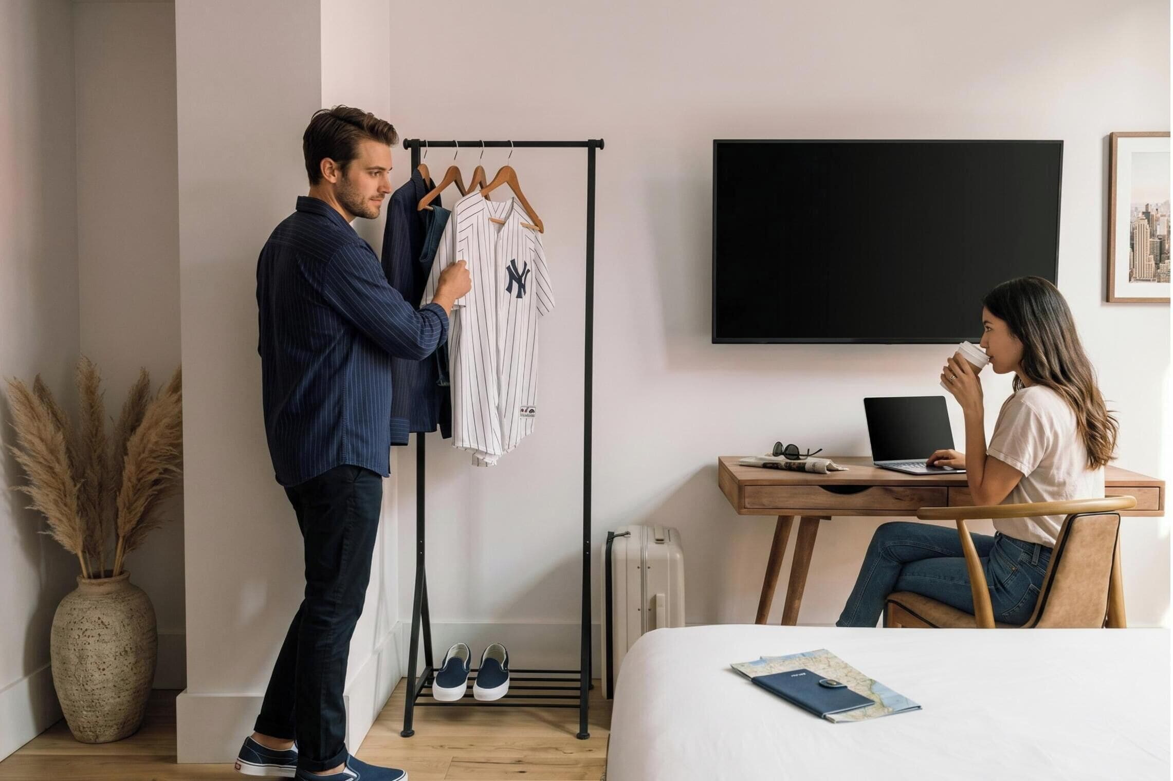 A hotel room with a bed, a desk with a laptop, a TV mounted on the wall, a coat rack with clothes, and a vase with pampas grass.