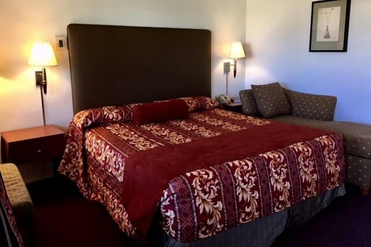 Une chambre d’hôtel avec un grand lit, deux lampes de chevet, une table de chevet et un tableau encadré au mur.