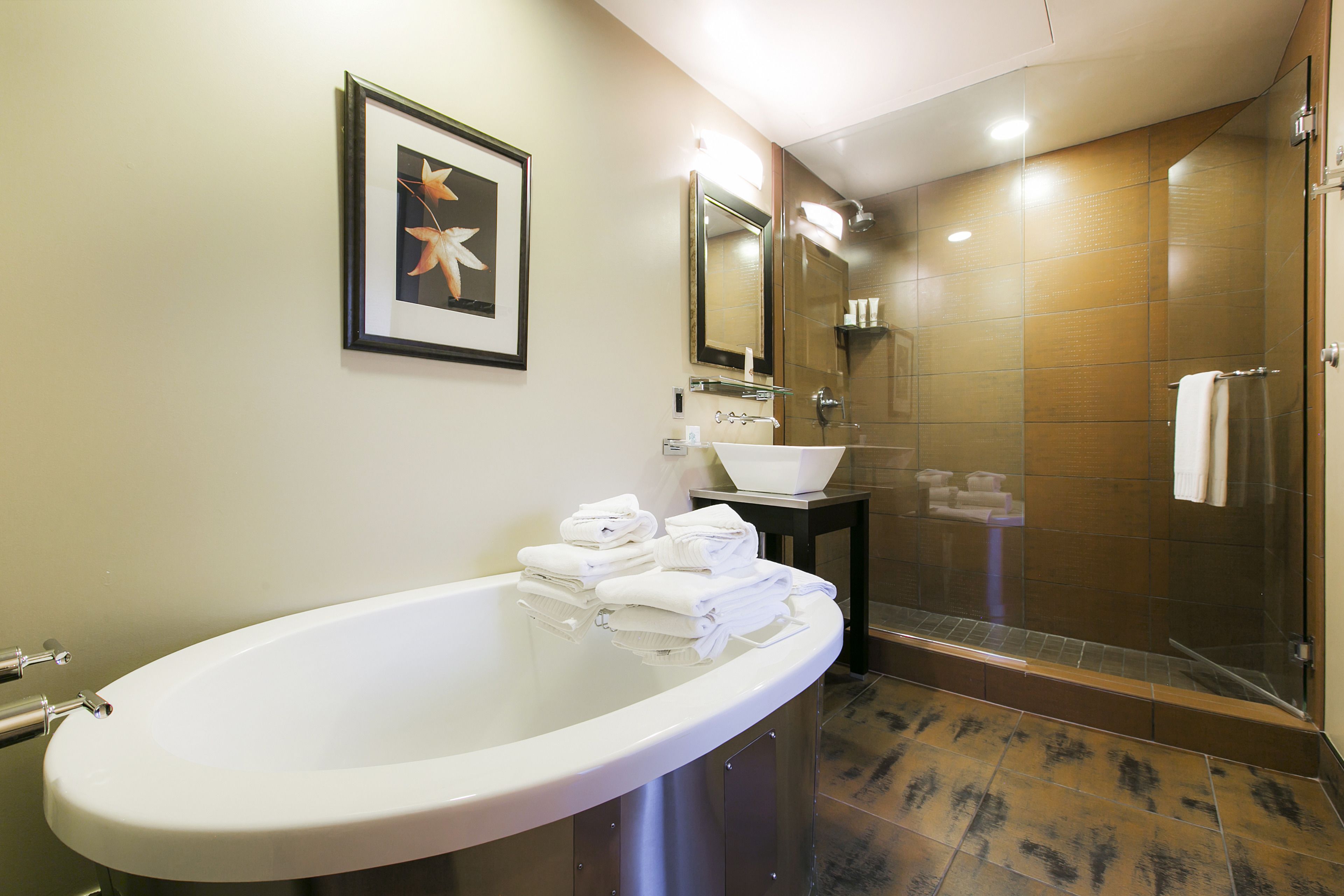 deluxe suite, hot tub / pool table | bathroom | designer toiletries, hair dryer, towels