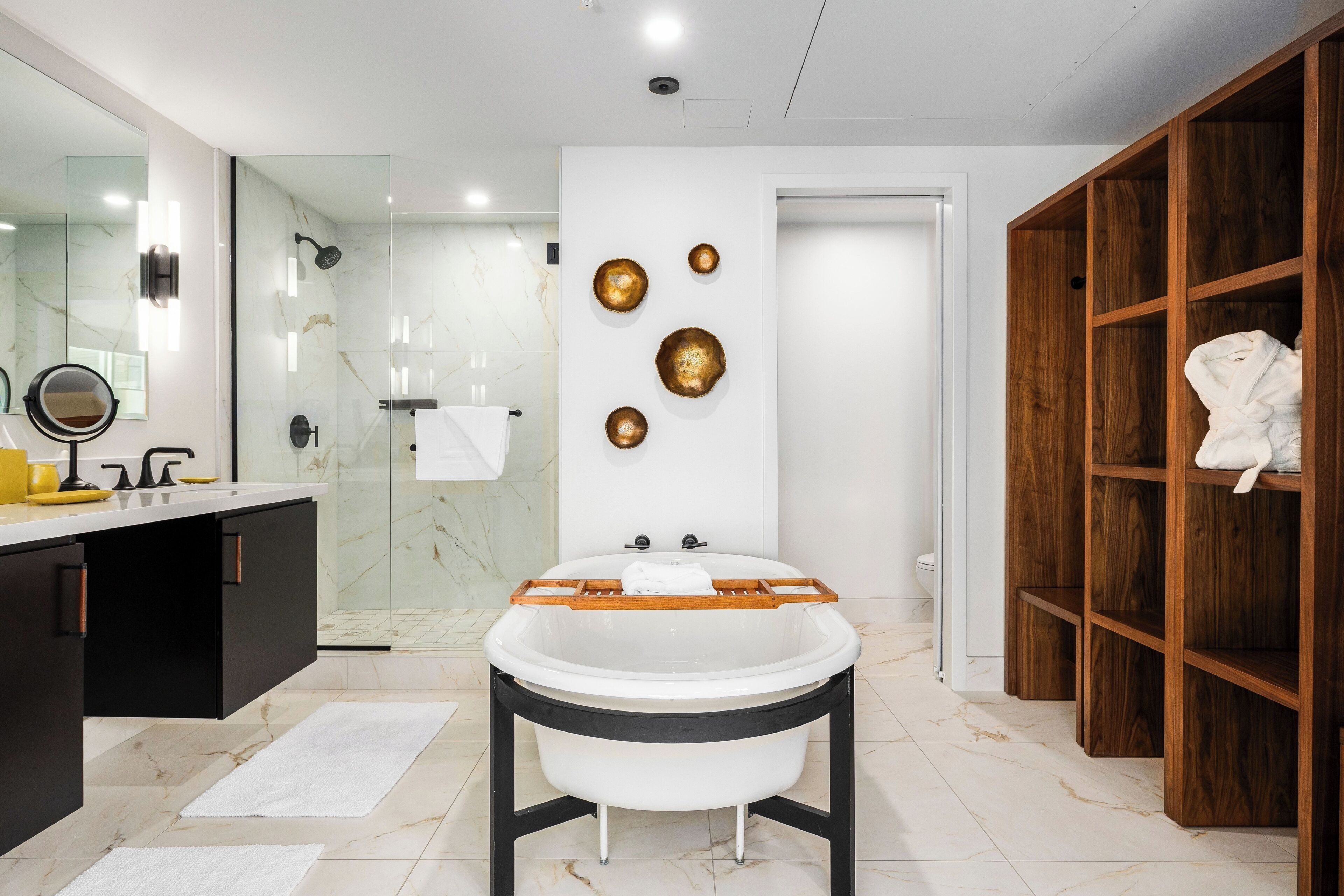 Designer toiletries, hair dryer, bathrobes, towels