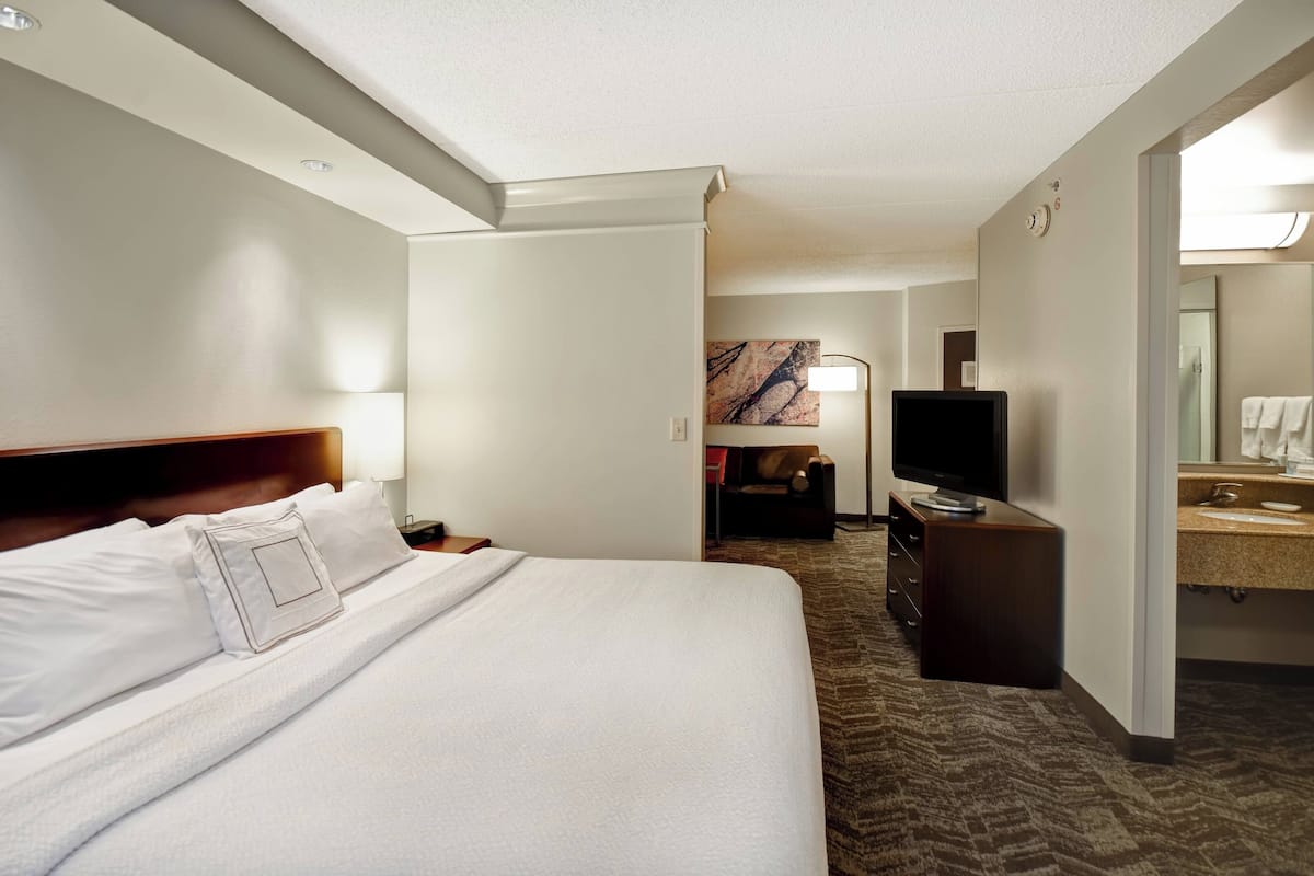 A hotel room with a large bed, a television, a desk, and a bathroom.