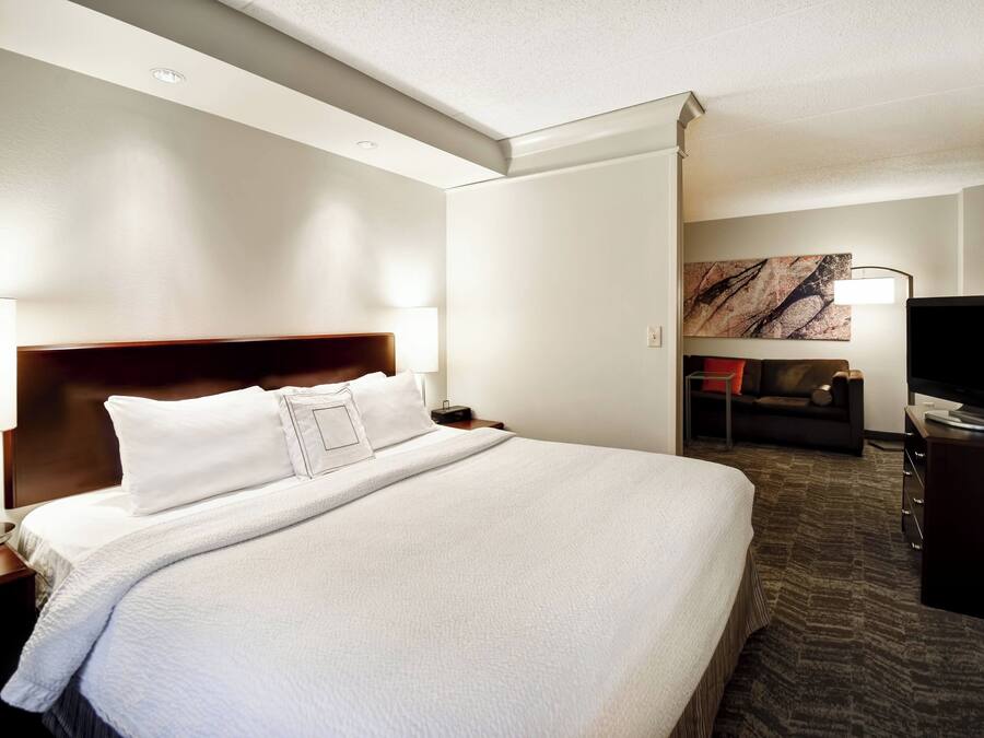A hotel room with a large bed, a television, a desk, and a sofa.