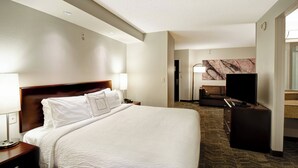 A hotel room with a large bed, a TV, a desk, and a bathroom visible in the background. - Springhill Suites by Marriott Louisville Airport (Louisville)