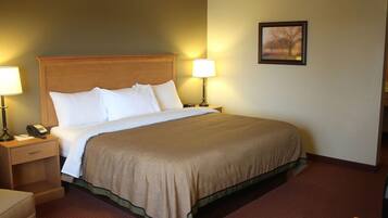 A hotel room with a large bed, two bedside tables with lamps, a nightstand, a chair, and a framed picture on the wall.