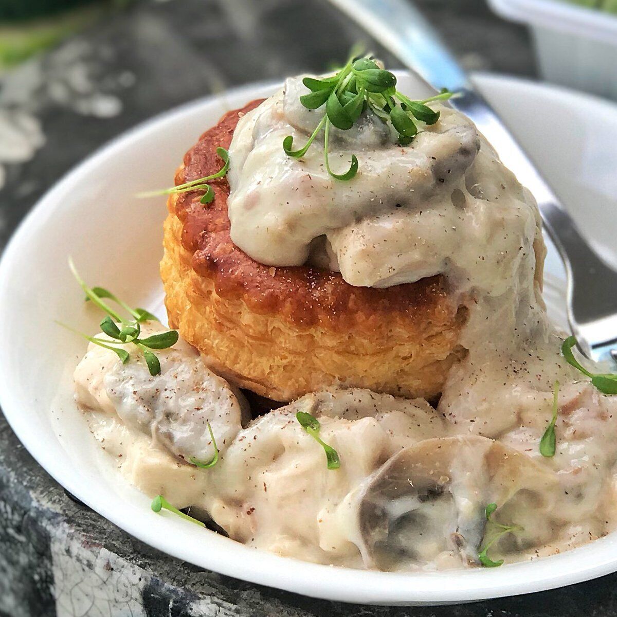 A plate with a baked pastry topped with a creamy mushroom sauce and garnished with green herbs.
