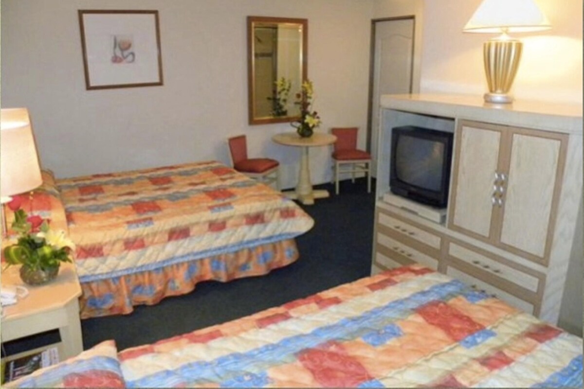 A hotel room with two beds, a television, a small table with a chair, and a lamp.