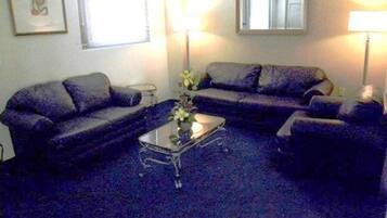 A living room with a blue carpet, two sofas, a coffee table, and a lamp.