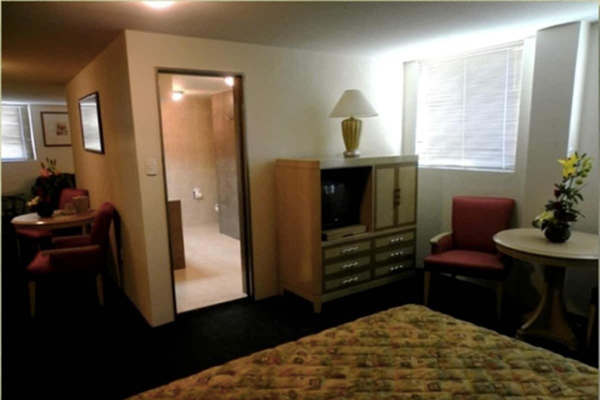 Down comforters, in-room safe, desk, blackout drapes