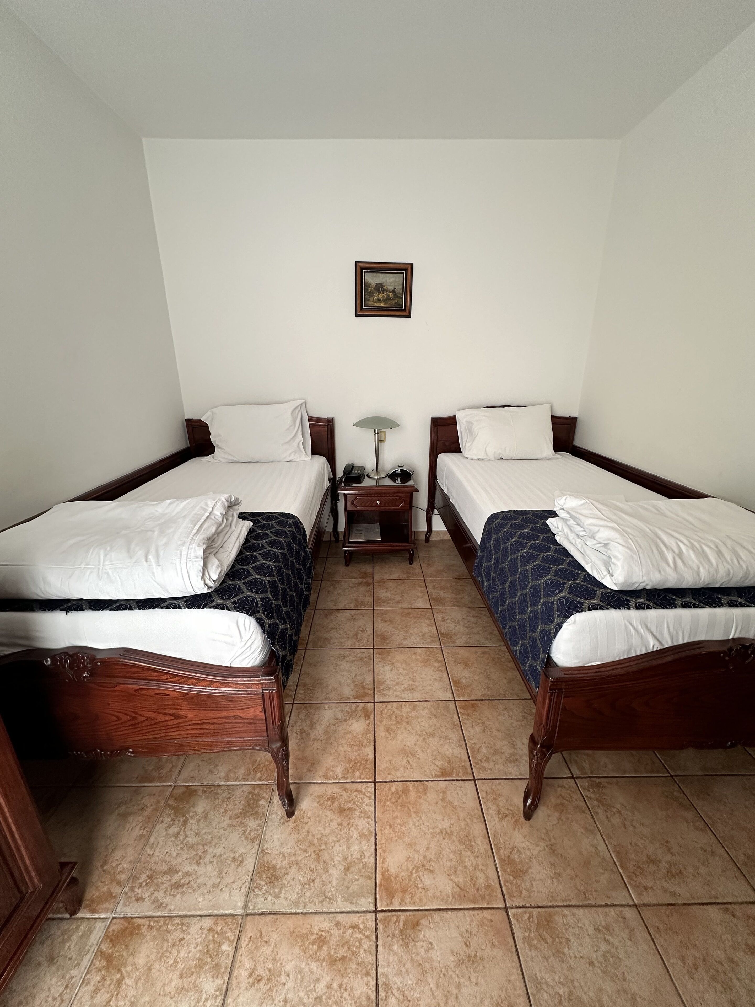 A room with two wooden beds, a nightstand with a lamp, and a framed picture on the wall.