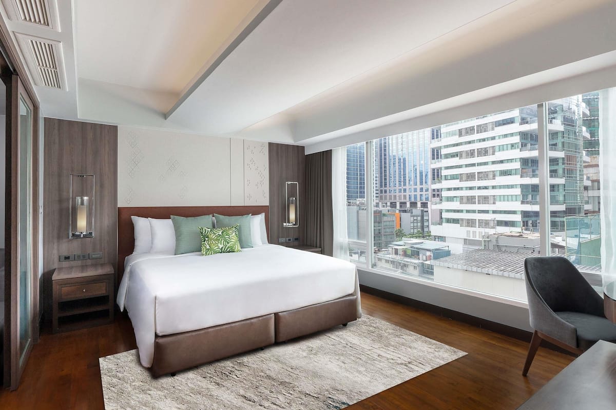 A modern hotel room with a large bed, a view of the city, and a cityscape through the window.