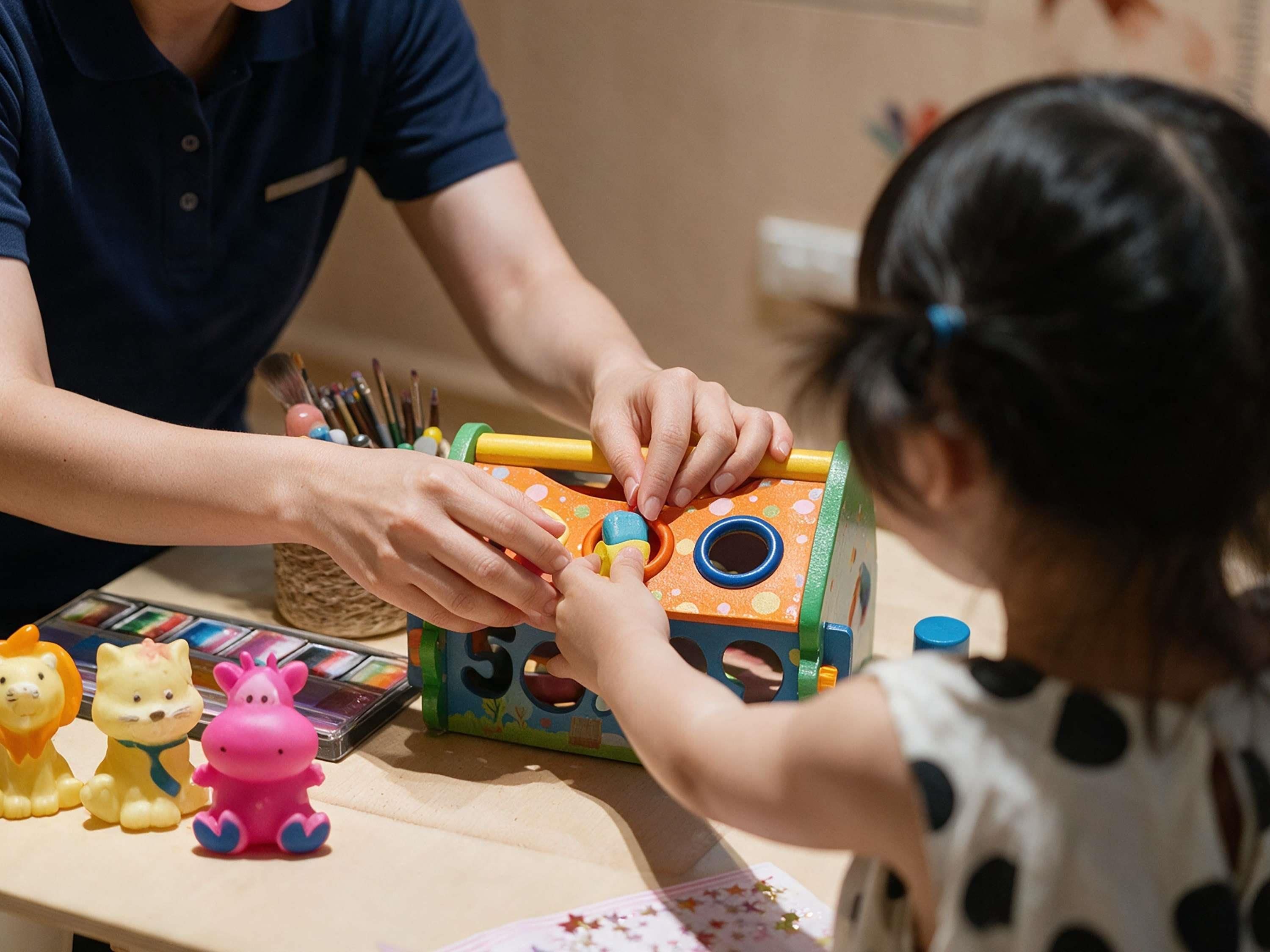 A person and a child interacting with a colorful toy.