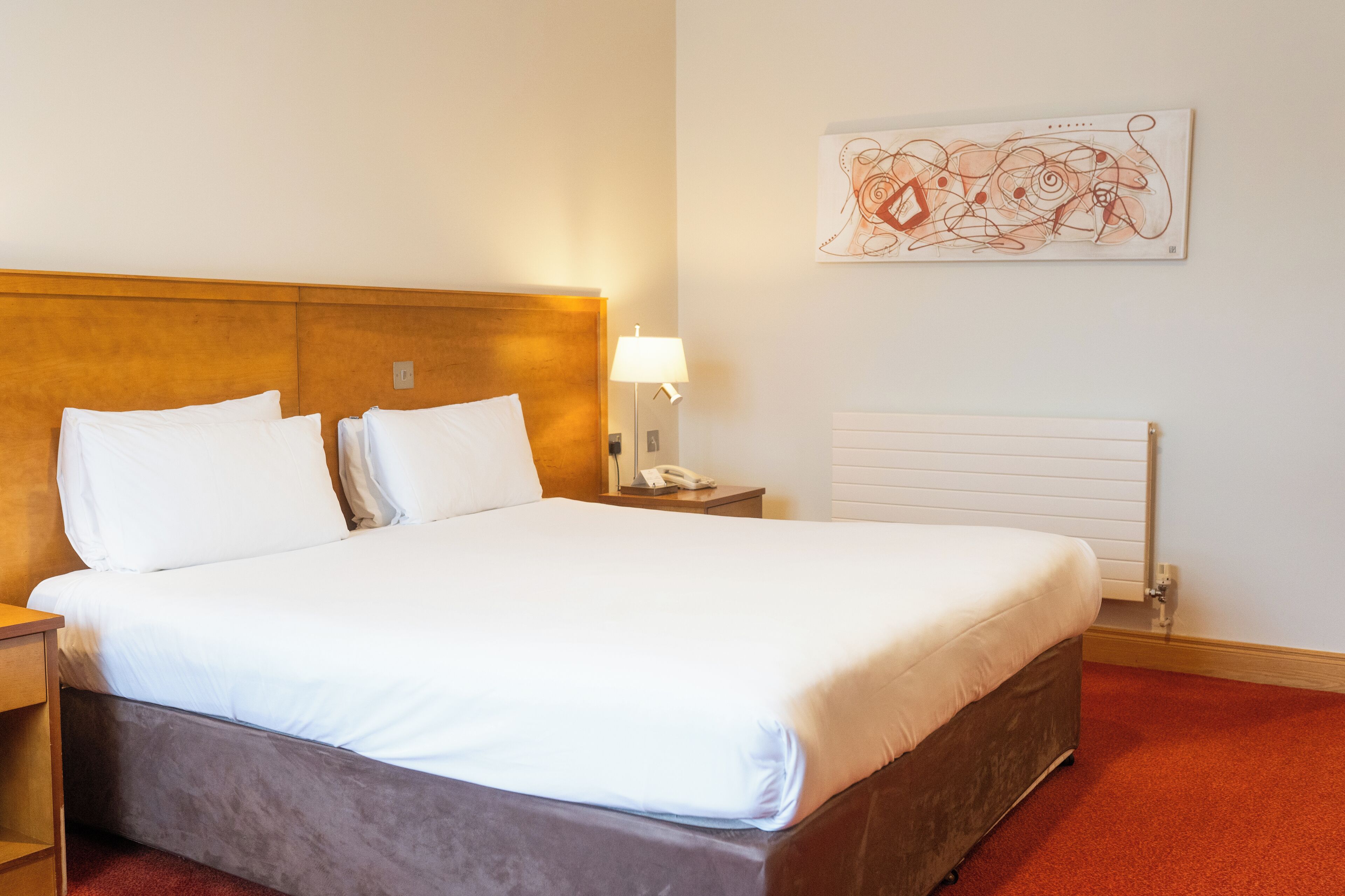 A hotel room with a large bed, a nightstand with a lamp, a wall-mounted artwork, and a radiator.