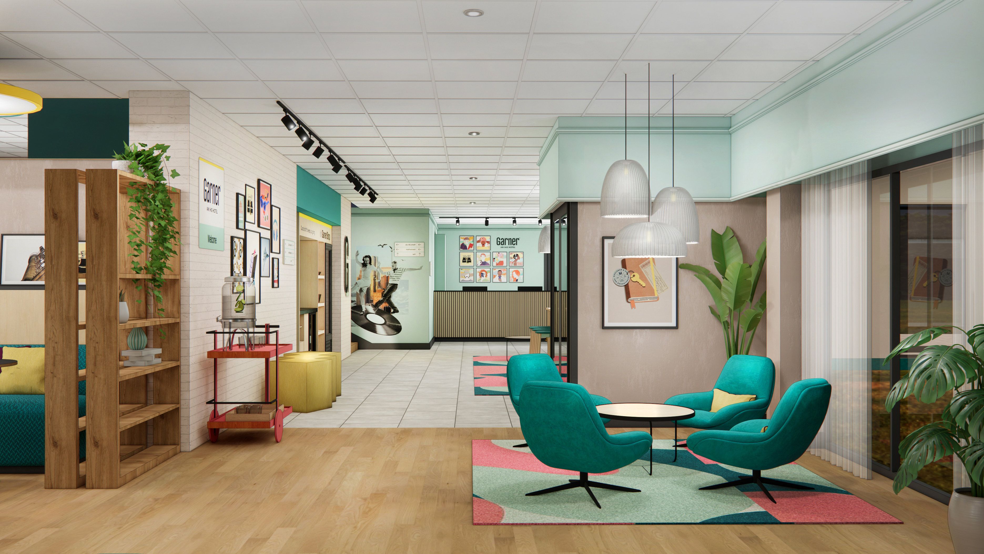 Un espace d’accueil moderne avec des fauteuils turquoise, un comptoir d’accueil en bois et un mur vert orné d’œuvres d’art encadrées.