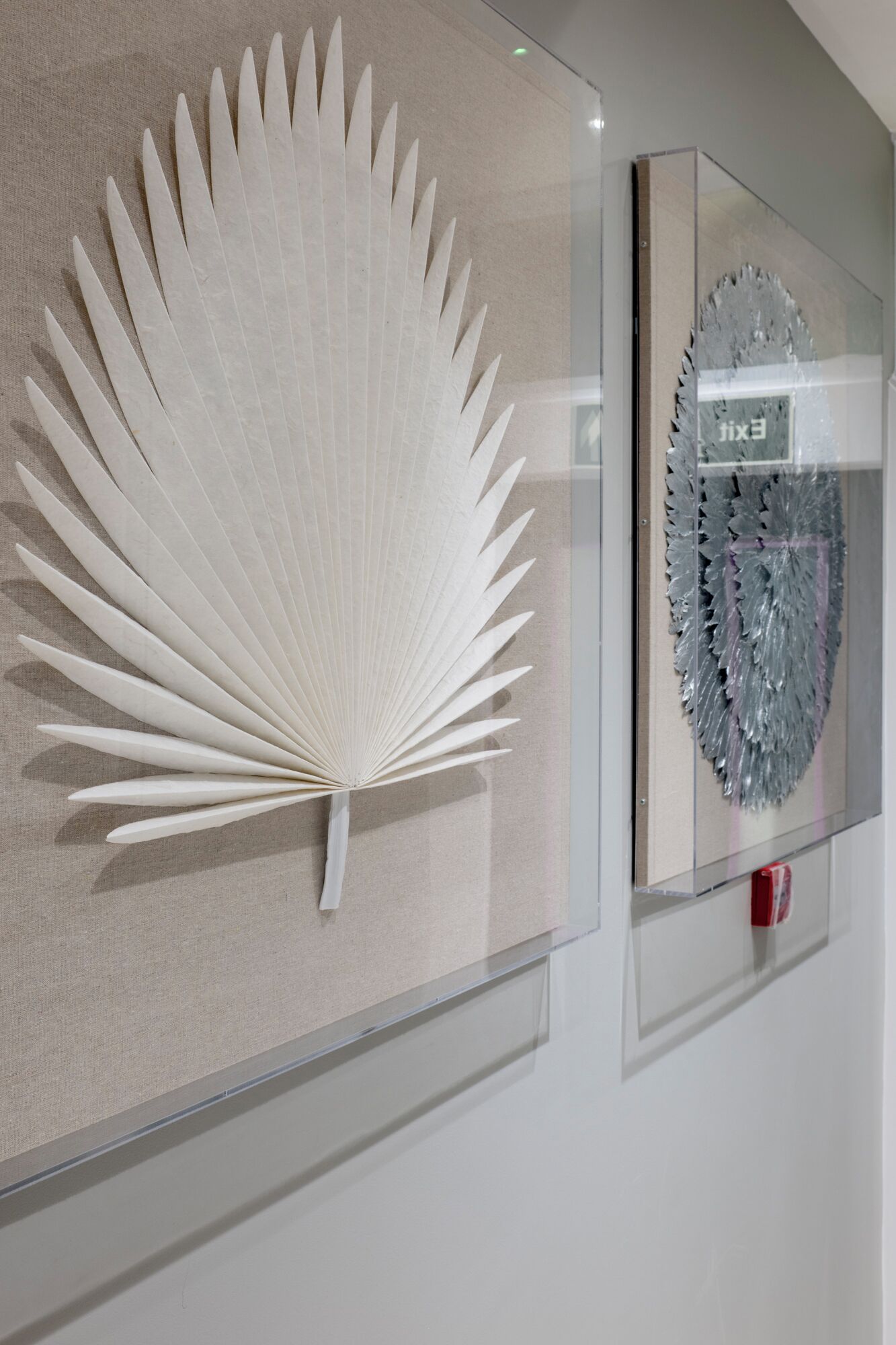 A wall with two framed artworks: a white fan-shaped piece and a silver textured piece.