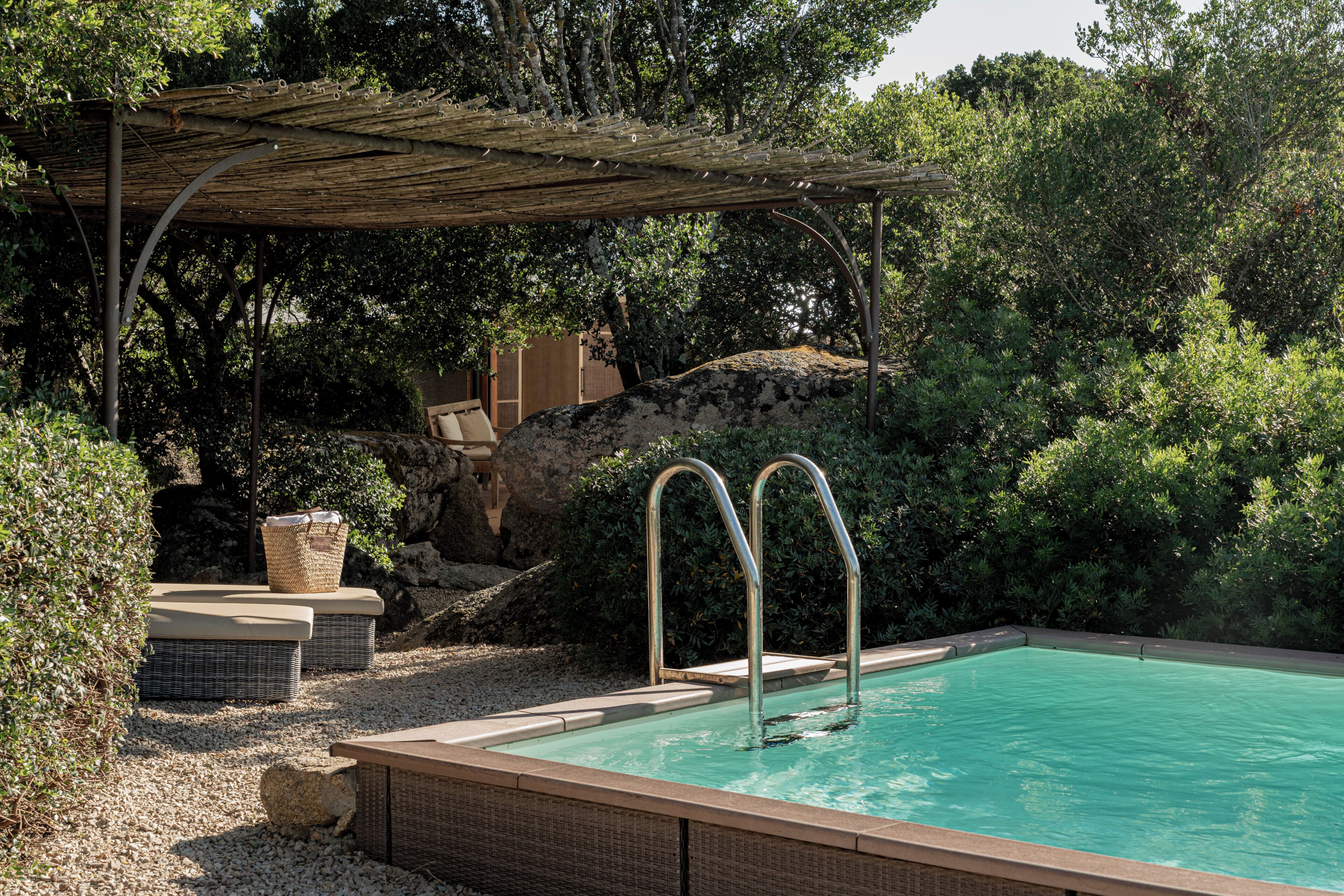A pool with two metal ladders, surrounded by greenery and a pergola.