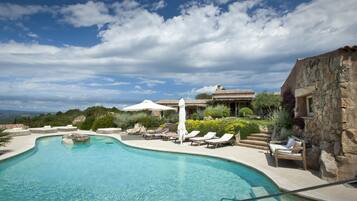 Outdoor pool, pool umbrellas, pool loungers