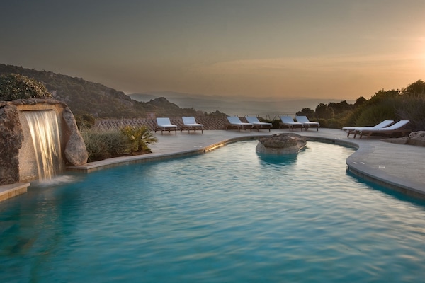 Outdoor pool, pool umbrellas, pool loungers