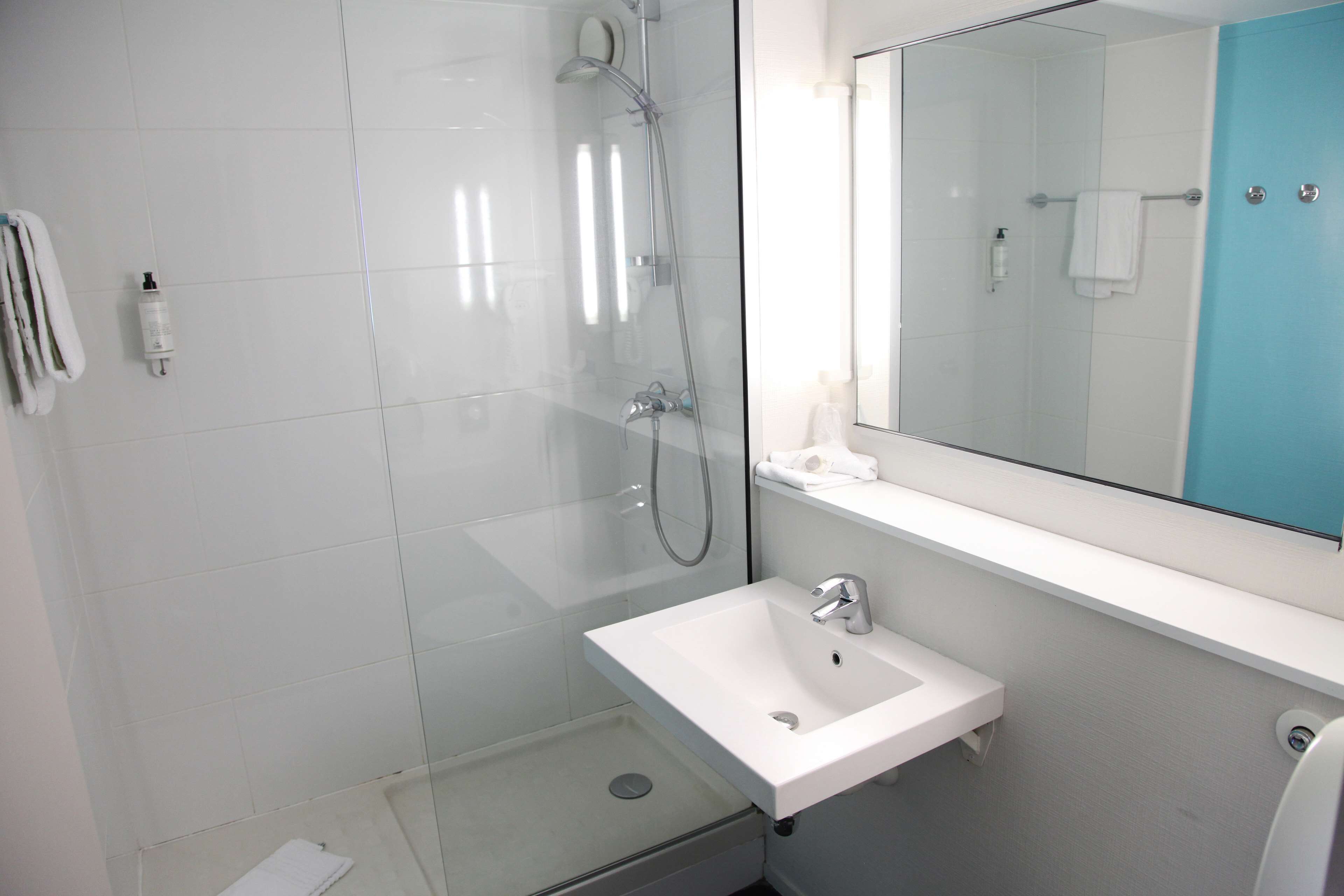 A modern bathroom with a glass-enclosed shower, a white sink, and a large mirror above it.