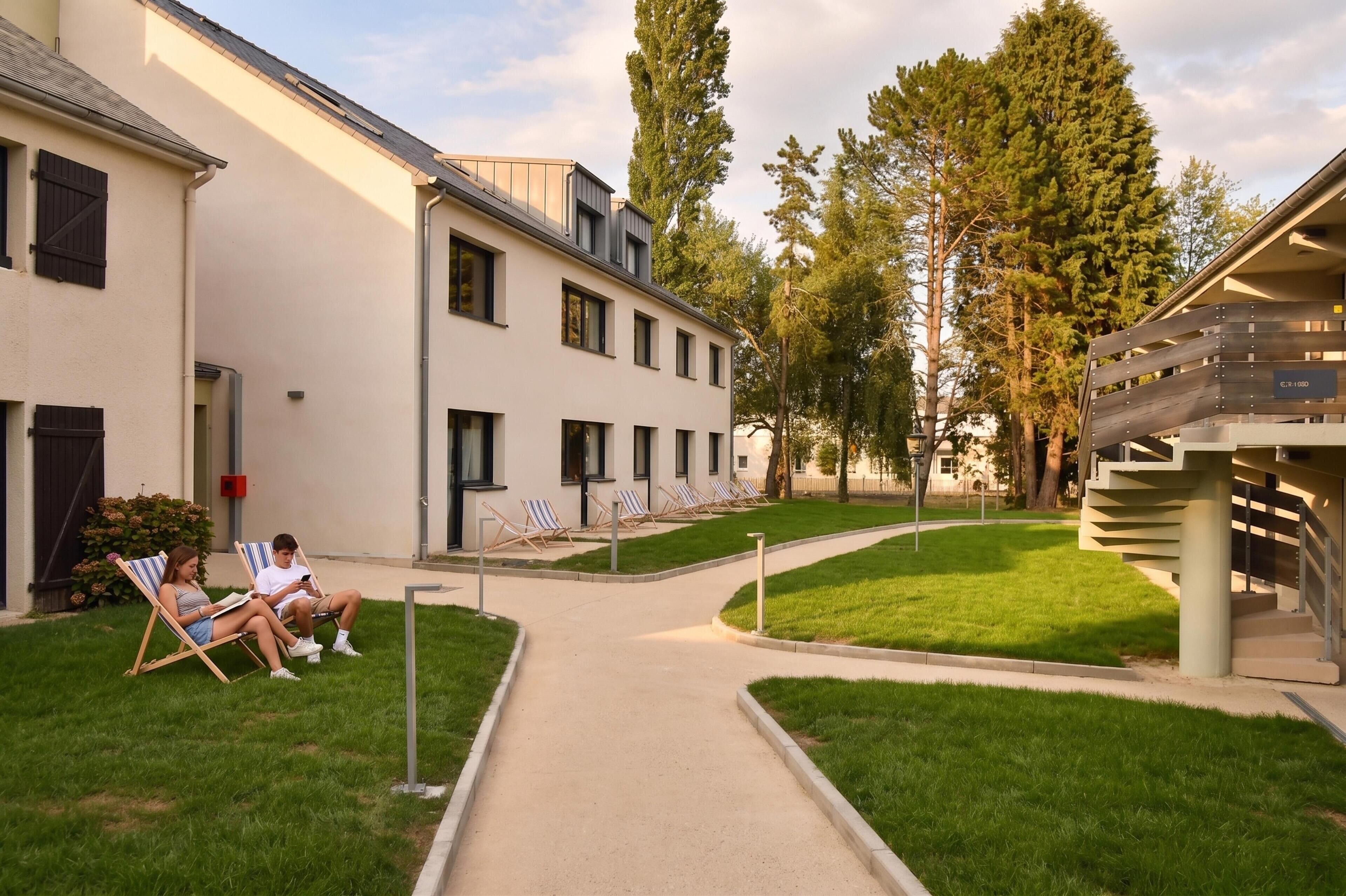 A building with a modern design, featuring a central pathway, outdoor seating area with chairs, and a staircase.