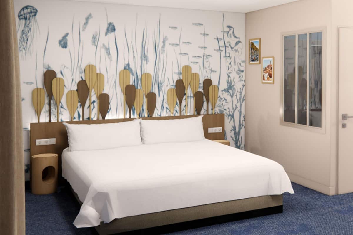 Premium bedding, desk, laptop workspace, soundproofing