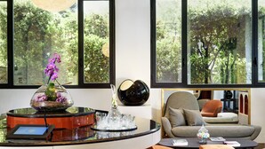 Una sala moderna con una mesa de centro de vidrio, un sofá y vistas a un exuberante jardín a través de amplios ventanales.