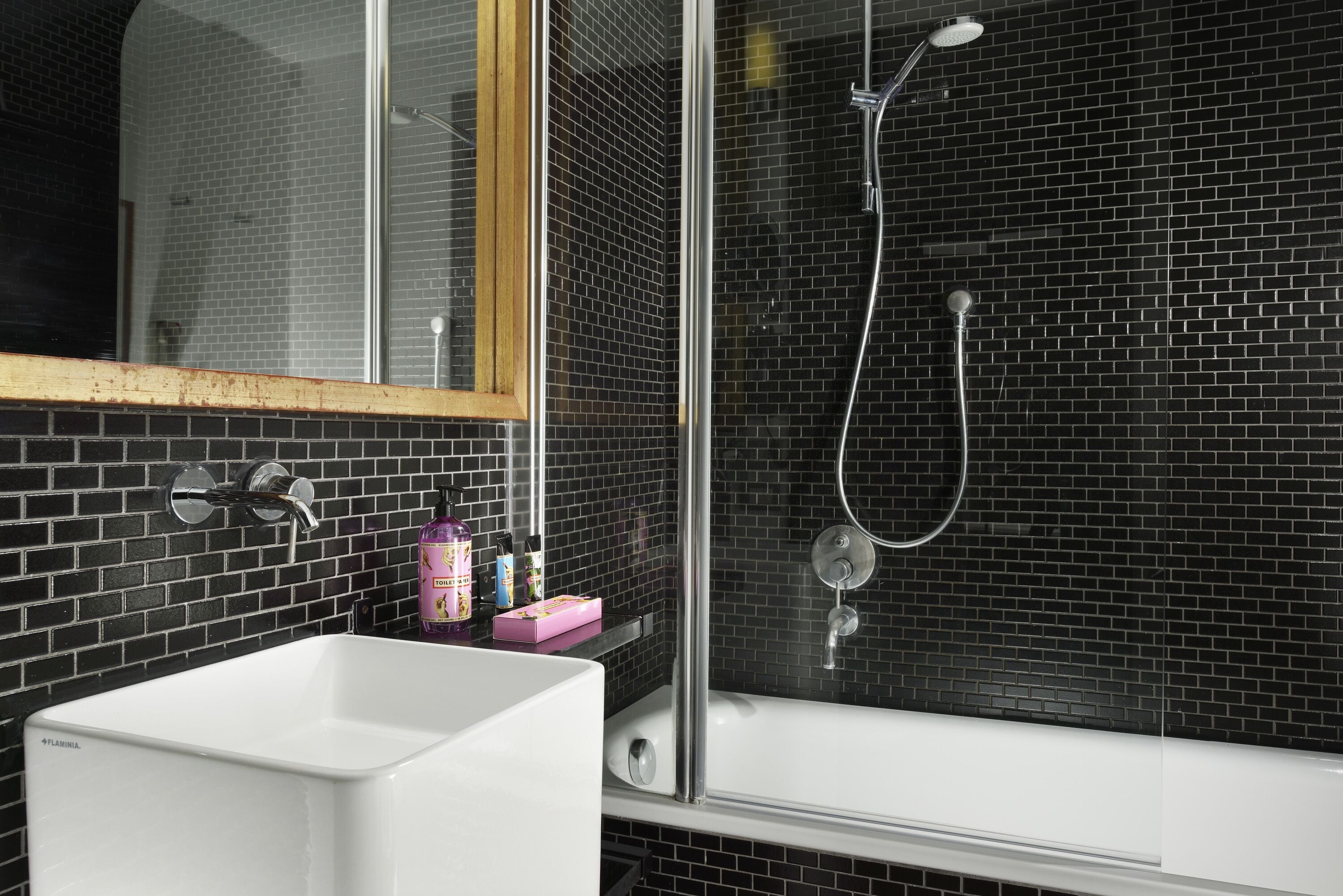 combined shower/bathtub, free toiletries, hair dryer, slippers