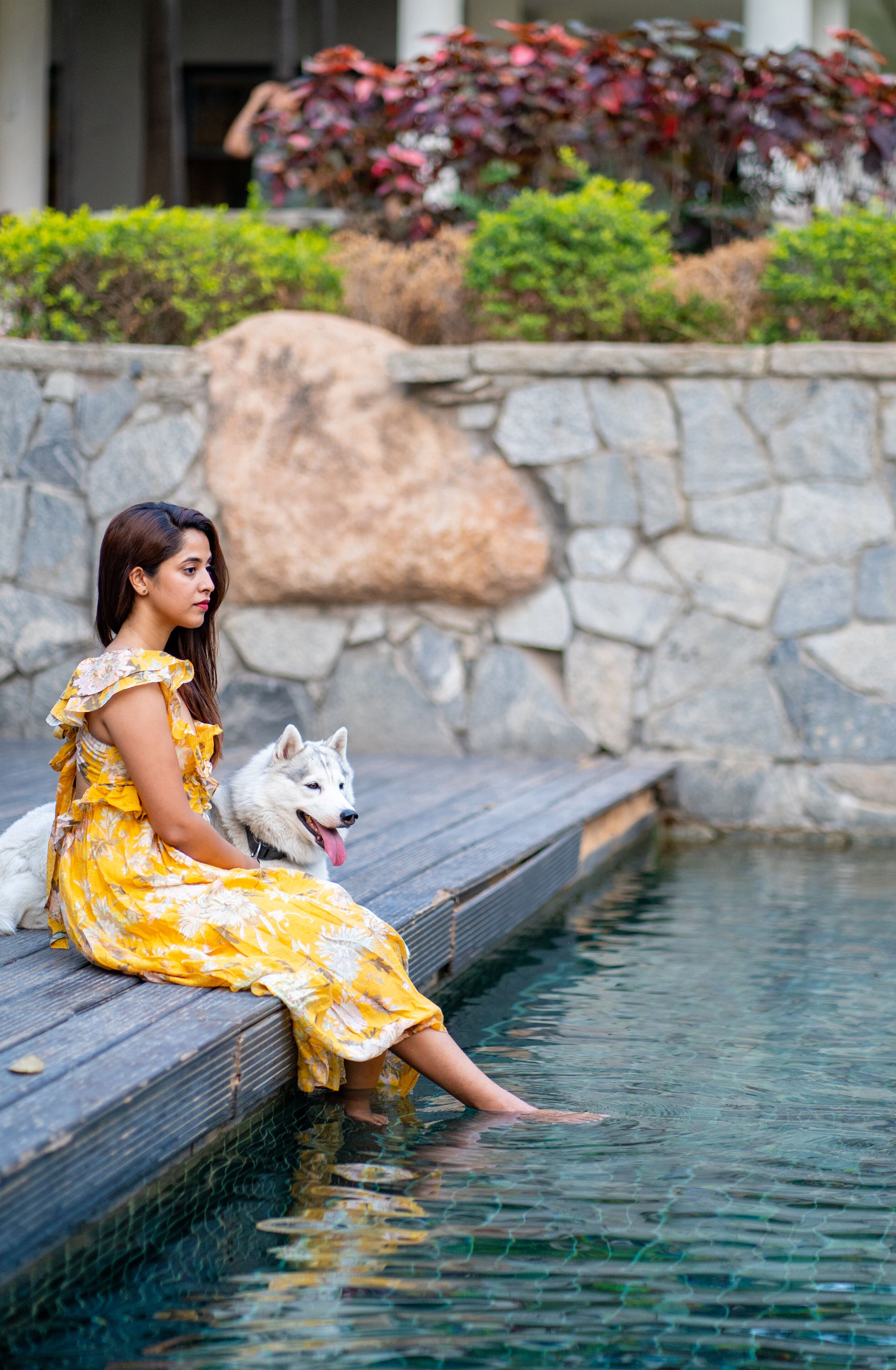 A person sitting by a pool with a dog, surrounded by stone walls and greenery.