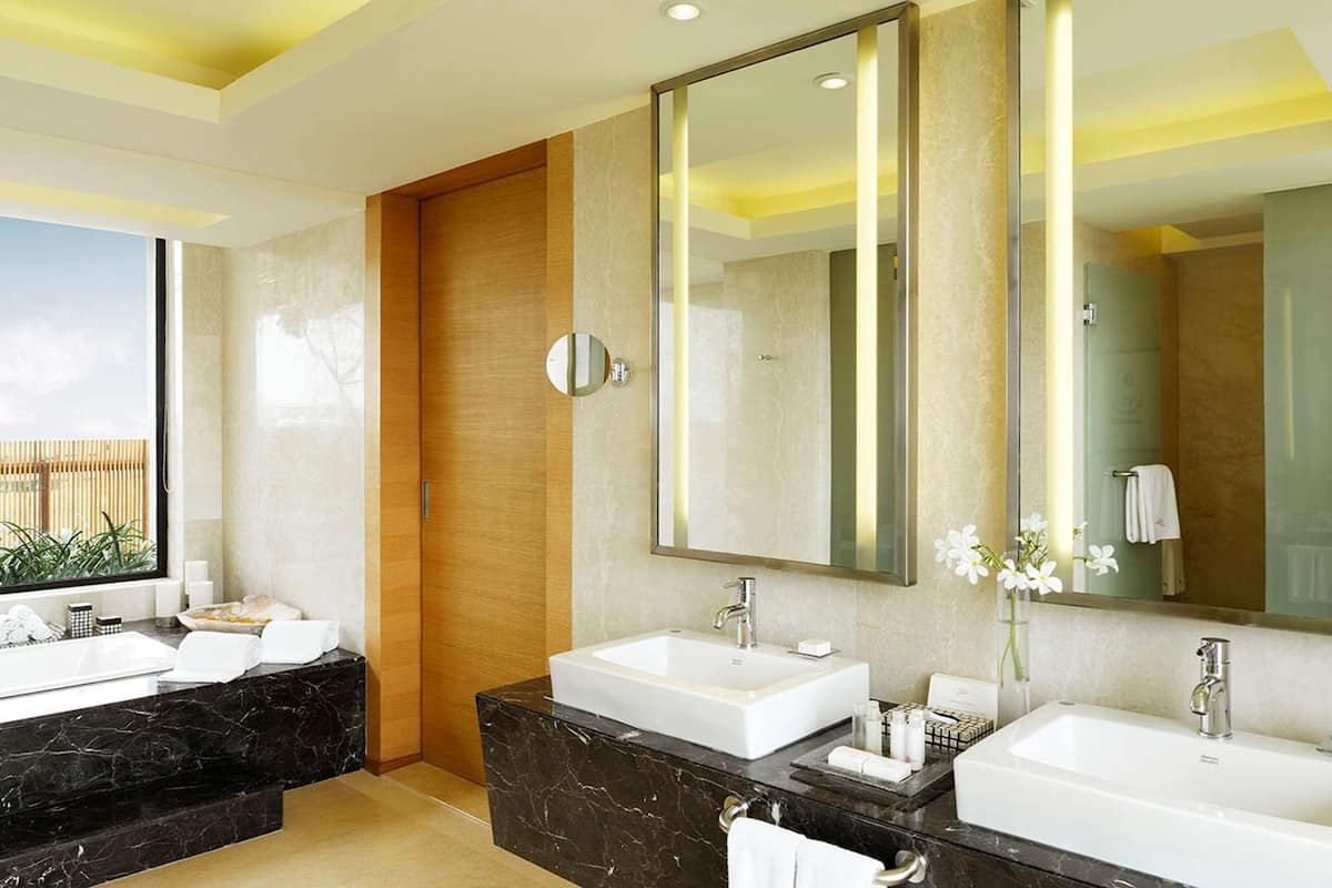 shower, rainfall showerhead, designer toiletries, hair dryer