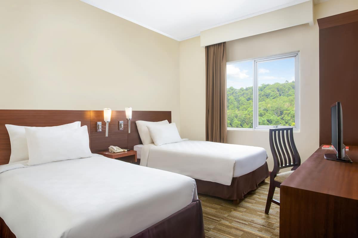 Une chambre d’hôtel avec deux lits, un bureau, une chaise, une télévision et une fenêtre donnant sur un espace verdoyant.