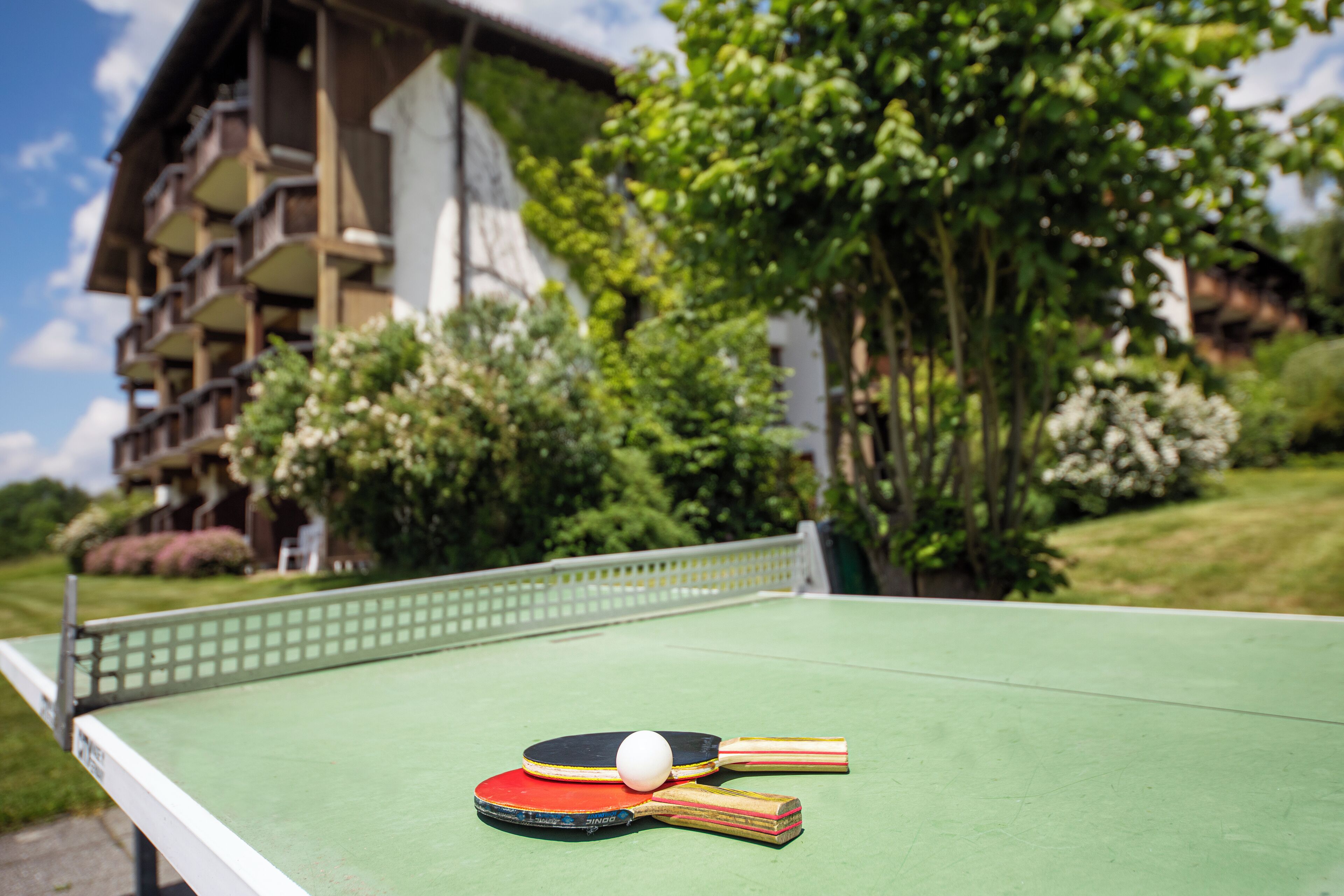 Mesa de ping pong con dos paletas y una pelota frente a un edificio con balcones y vegetación.