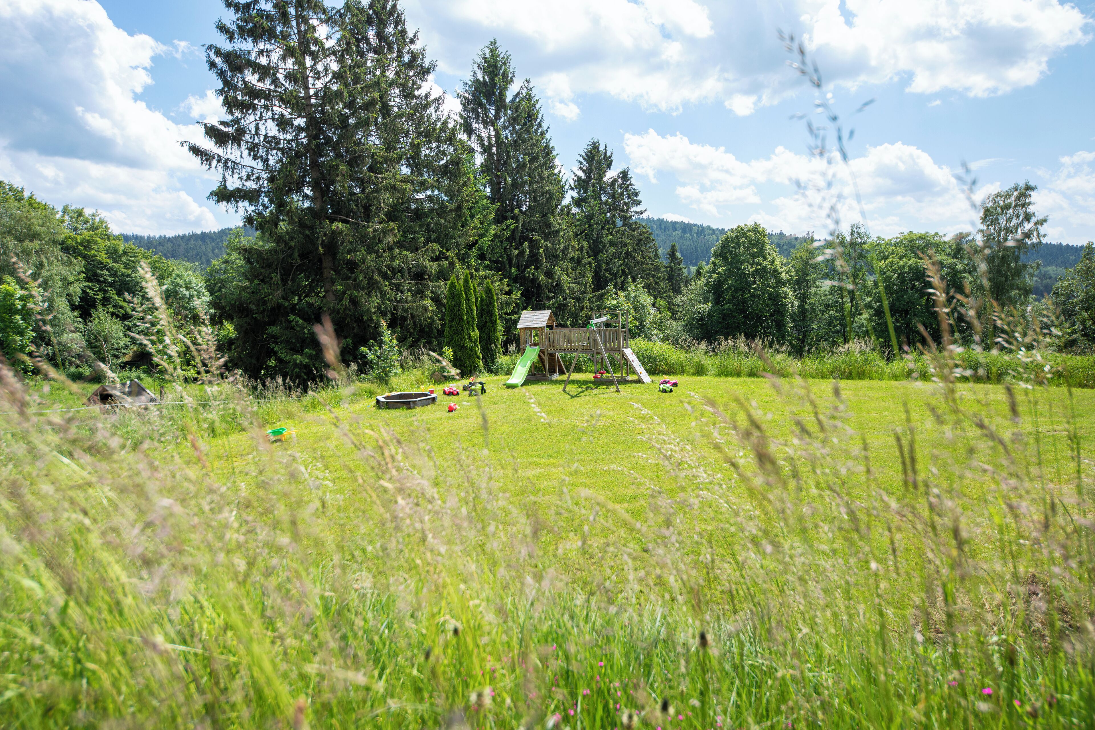 Une aire de jeux avec un toboggan et des balançoires, entourée de grands arbres et d’un champ d’herbe.