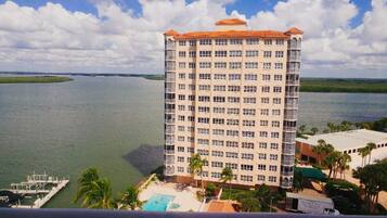 Enjoy expansive views of the water and surrounding landscape from the upper floors.