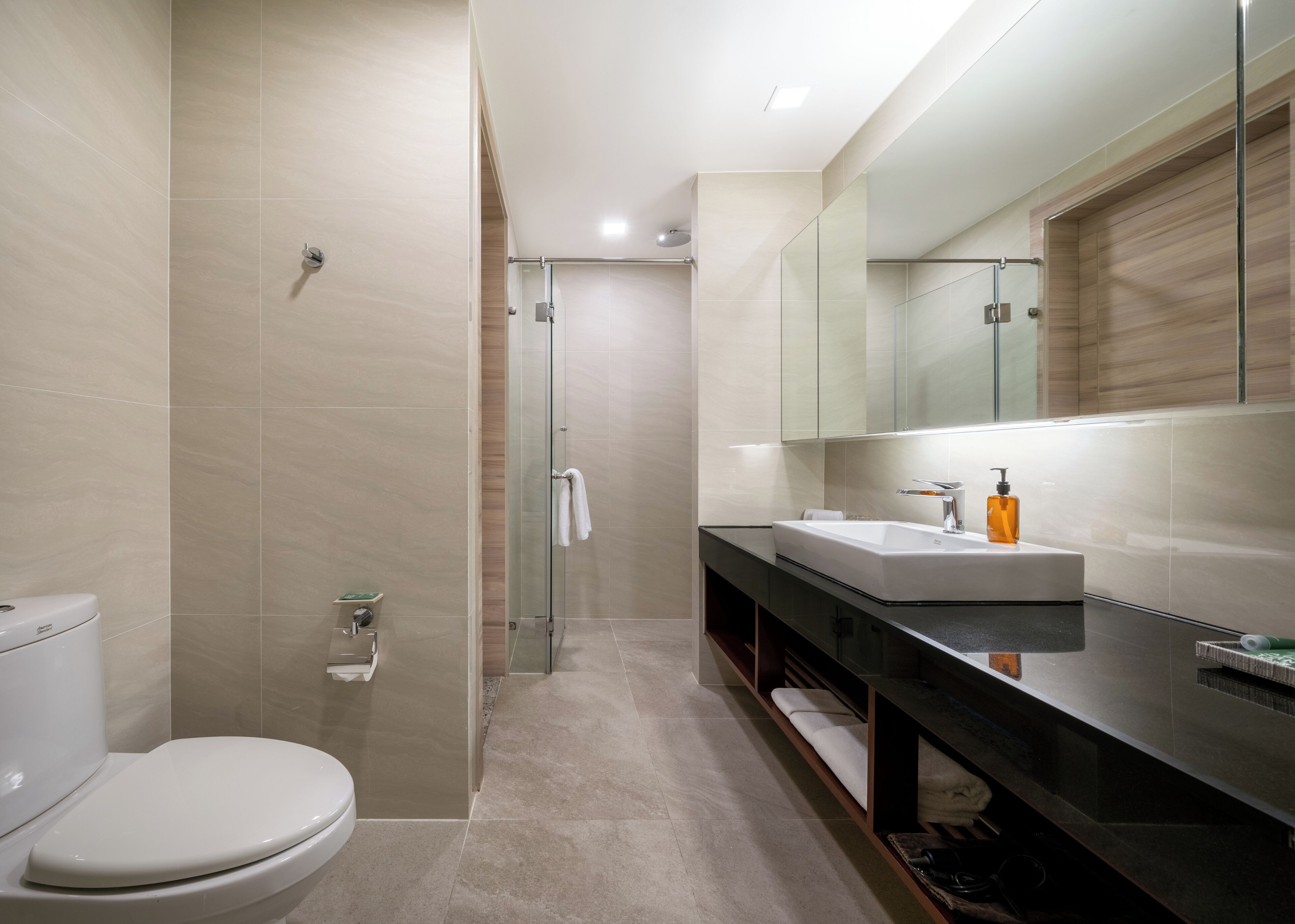 Une salle de bain moderne équipée de toilettes, d’une douche et d’un meuble-lavabo avec un miroir.