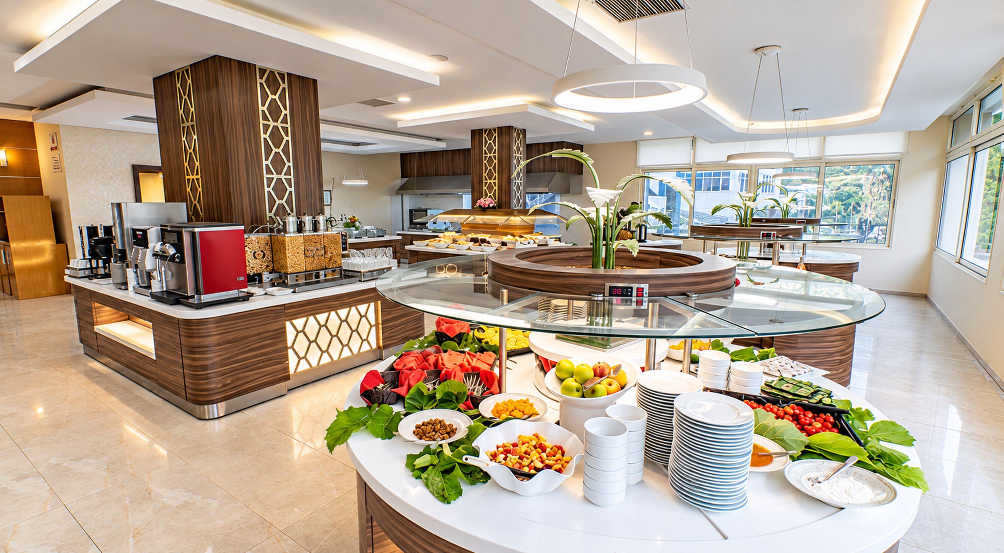 Un área de desayuno moderno en un hotel, con un bufé que incluye diversas opciones de alimentos y una estación de café.