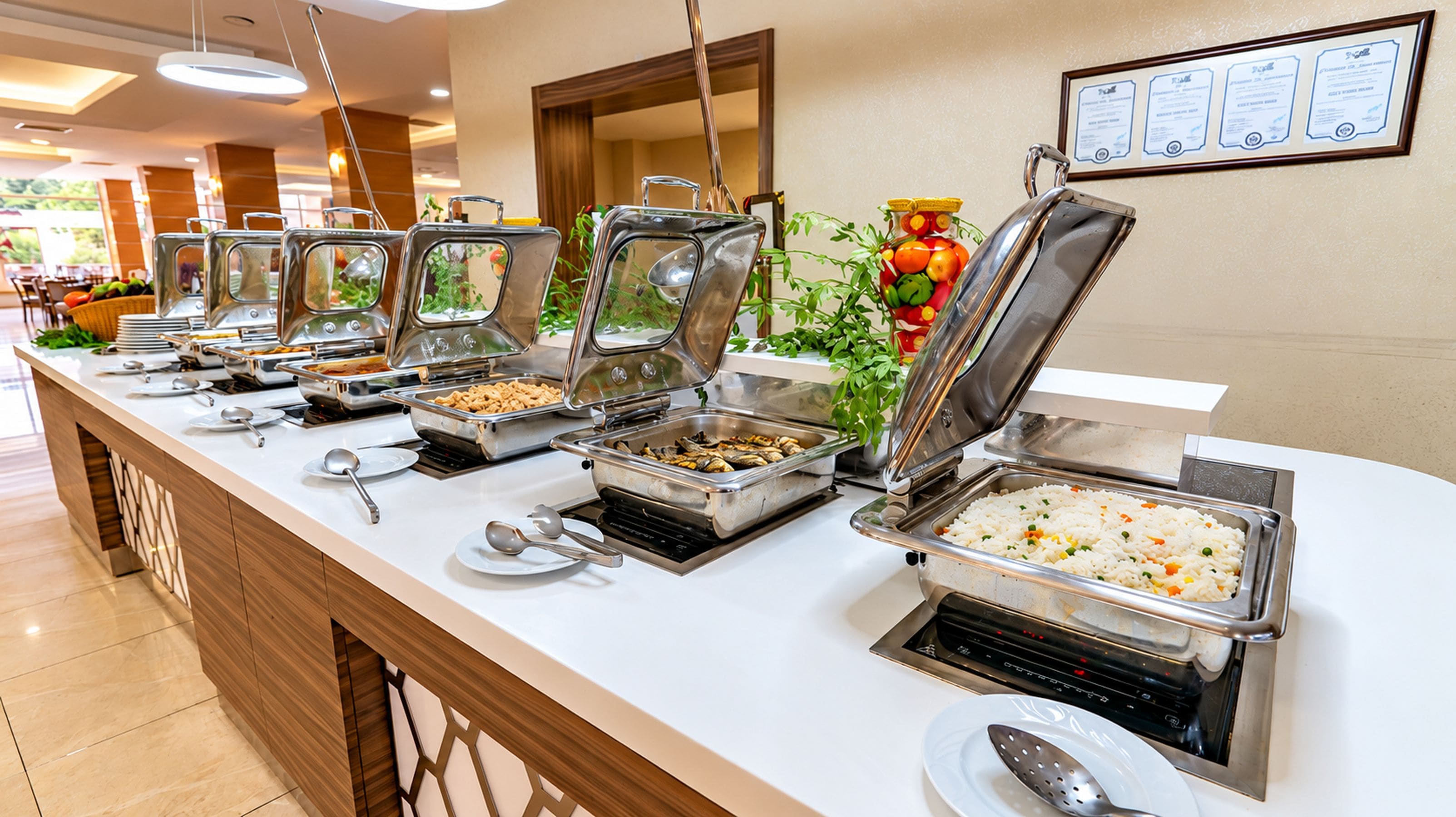 Disposición de bufé con múltiples estaciones de autoservicio, que incluyen diversas opciones de comida y utensilios.