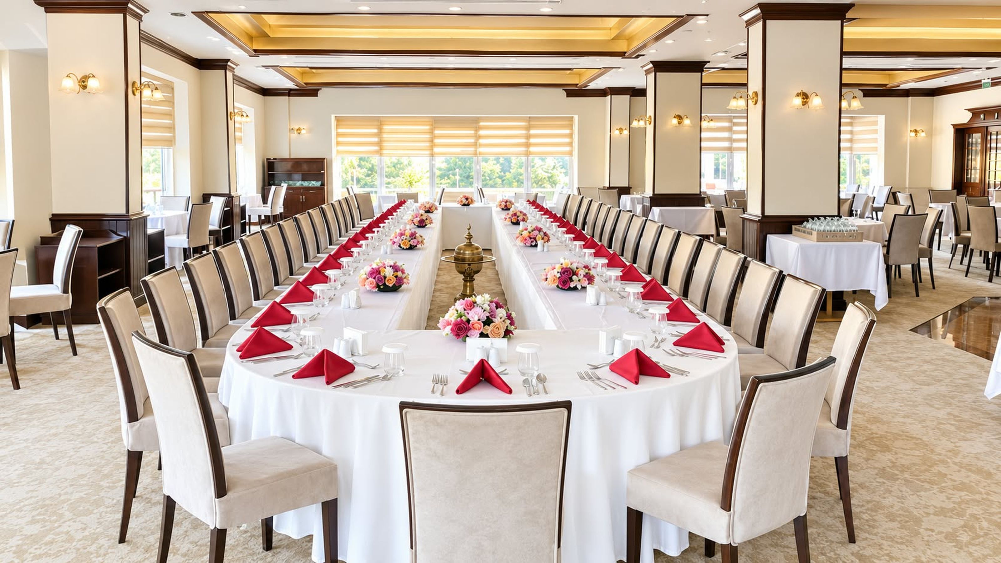 A banquet hall with round tables, white tablecloths, red napkins, and floral centerpieces.