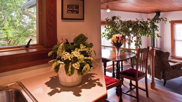 A kitchen with a sink, a potted plant, a dining table with chairs, and a chair in the living area.